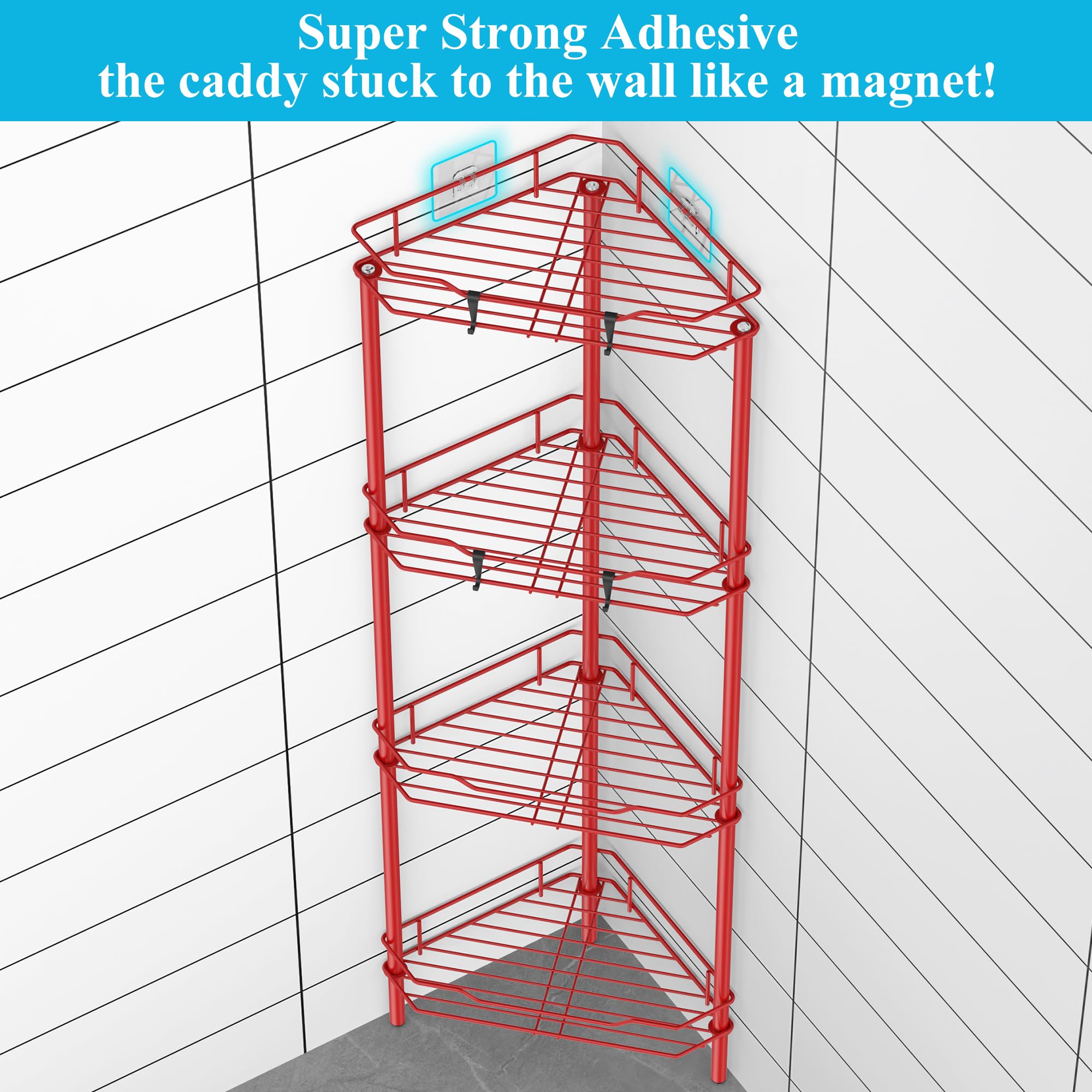 Huggiegems 4 Tier Floor Standing Corner Shower Caddy Organizer Shelf With Hooks, Bathroom Shelves Stand Rack, Red
