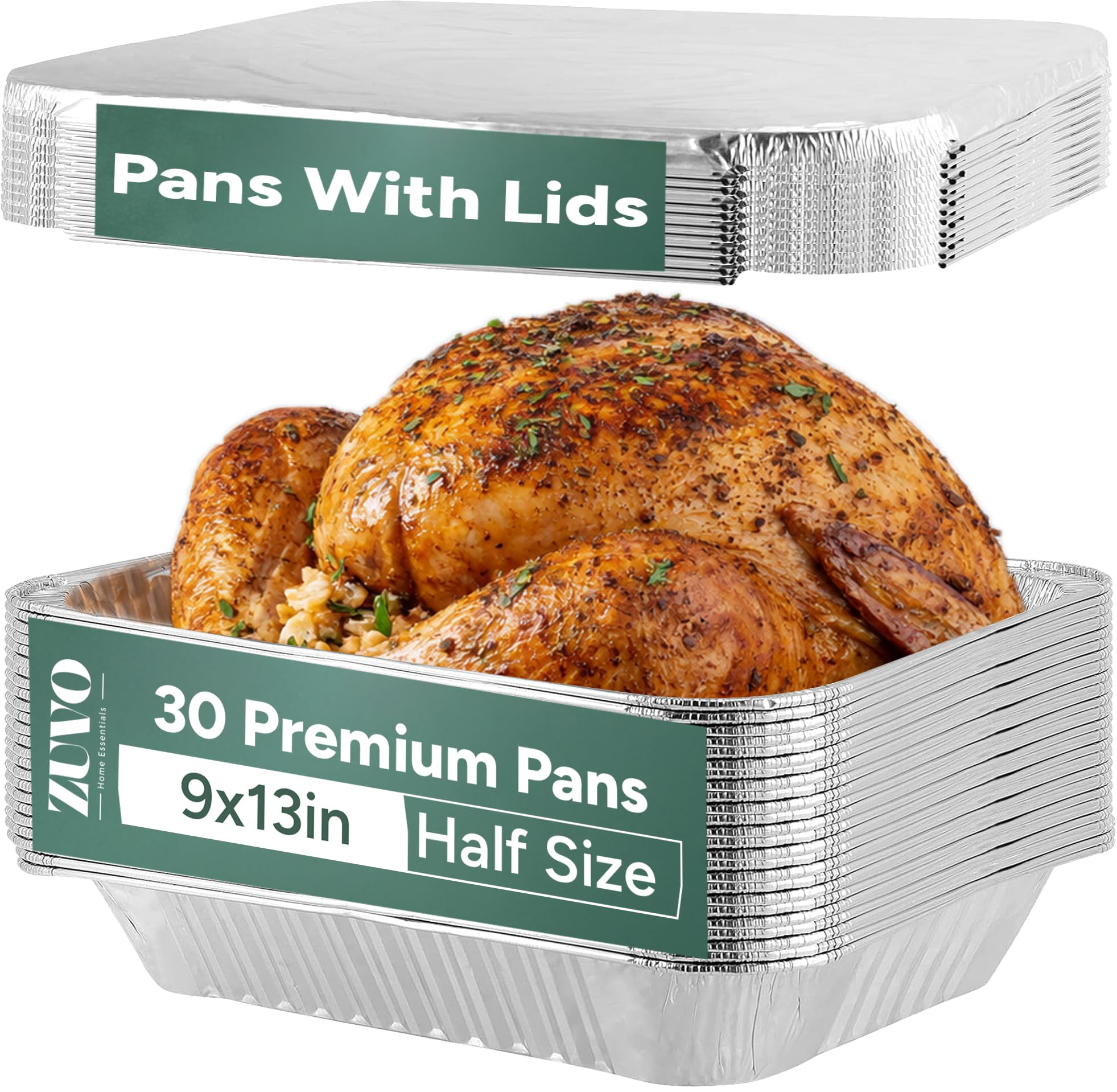 Zuvo 9x13 Aluminum Foil Pans with Lids (30 Pack)  Half Size Disposable Baking Pans for Cooking, Roasting, Meal Prep & Catering 