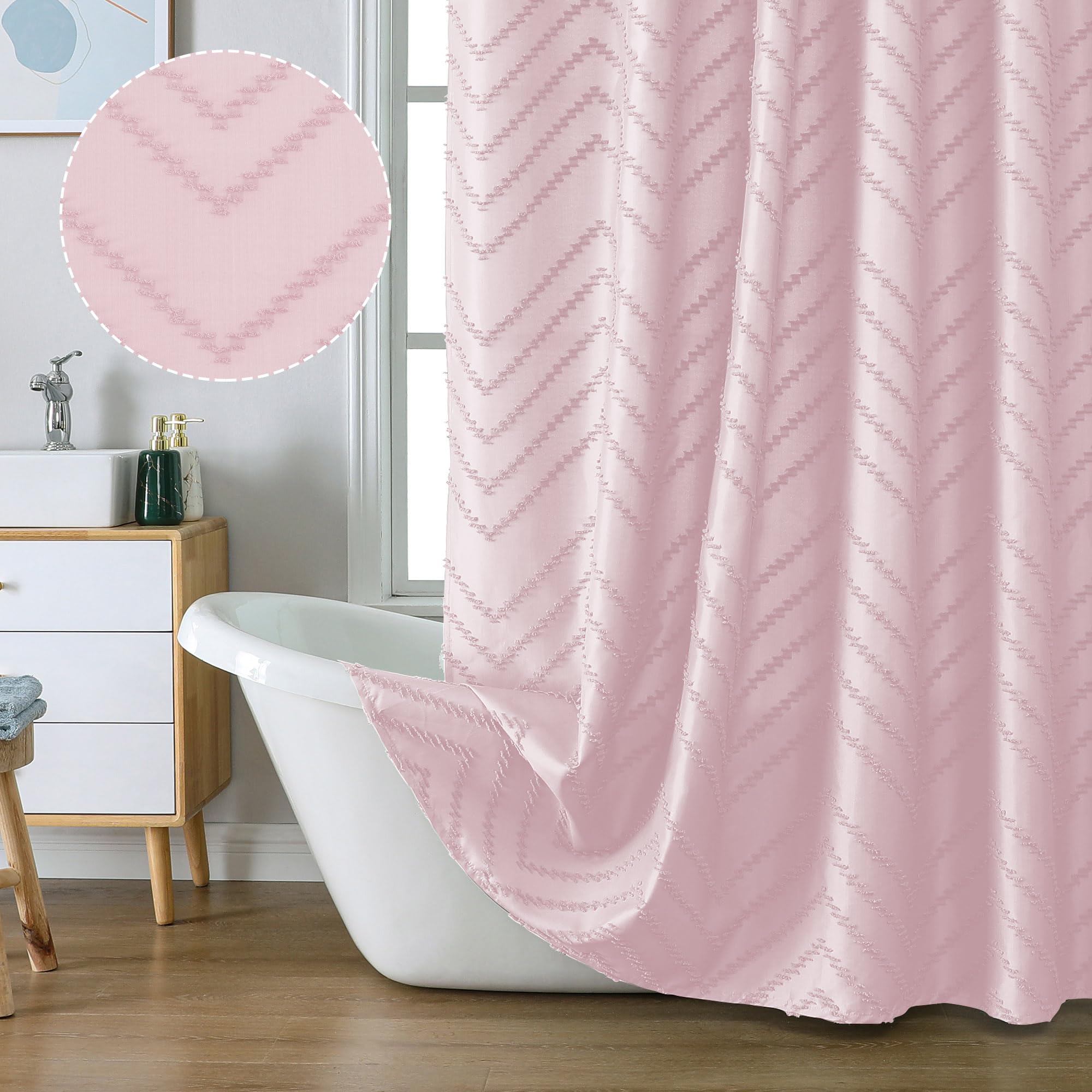Chyhomenyc Chevron Extra Long Blush Pink Boho Shower Curtain Set 72X84 Inches, Fabric Shower Curtain Modern Farmhouse Chic Textu