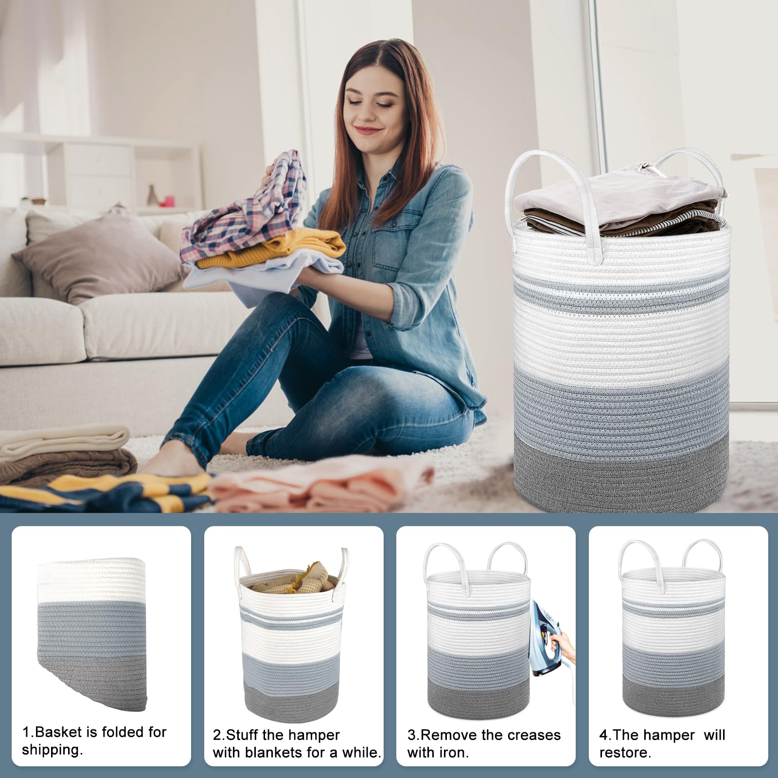 2 Pack Large Tall Rope Laundry Baskets, Cotton Laundry Hamper, Dirty Clothes Hampers Woven Basket, Blanket Basket Storage For Li