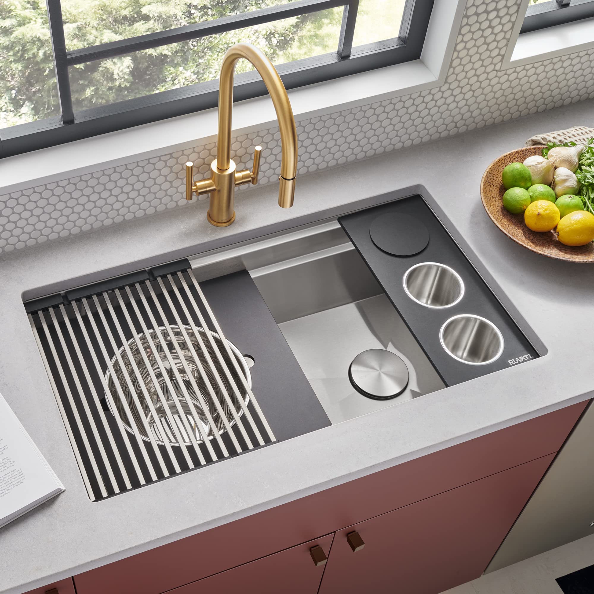 Ruvati 33-Inch Workstation Two-Tiered Ledge Kitchen Sink Undermount 16 Gauge Stainless Steel With Black Composite Accessories -