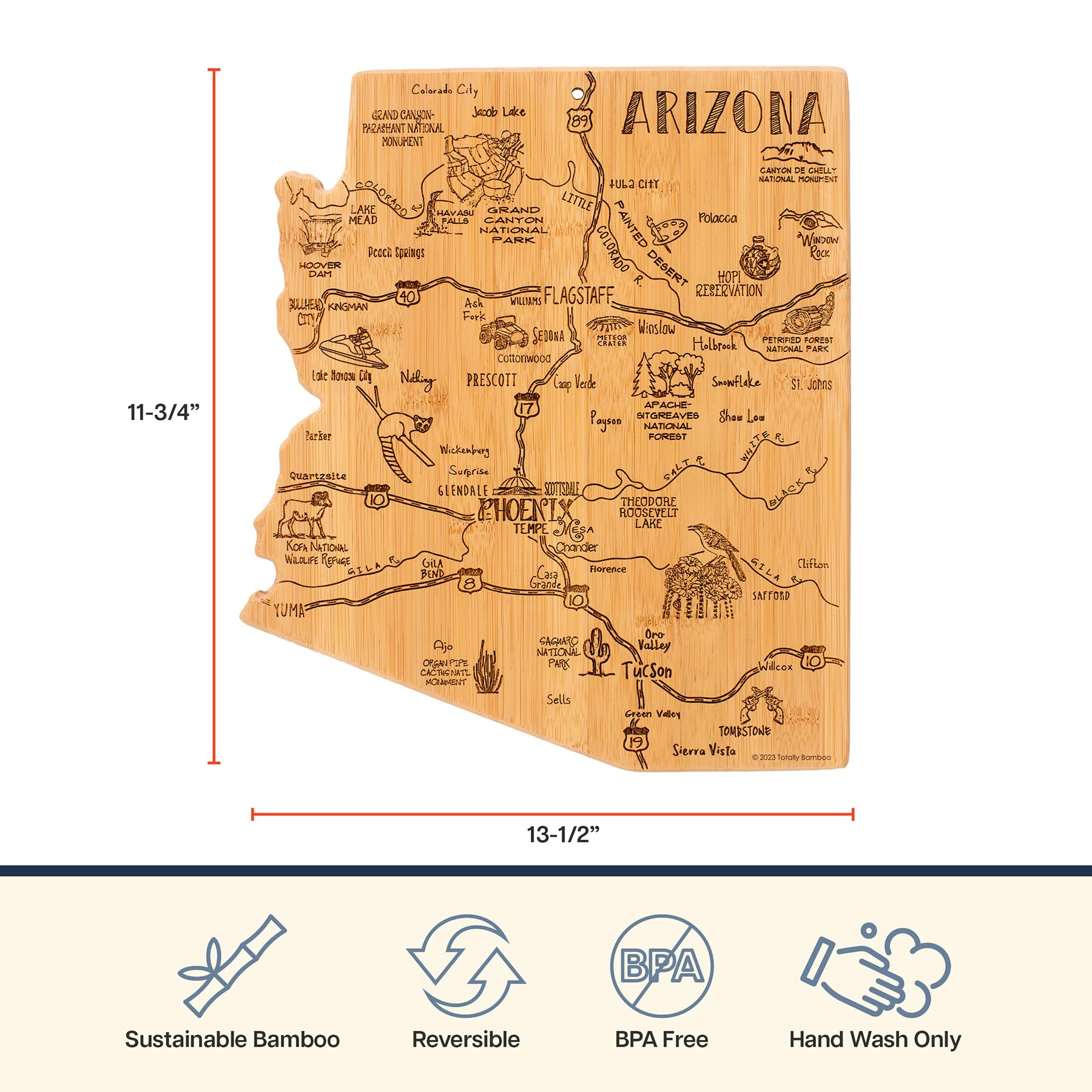 Totally Bamboo Destination Arizona State Shaped Cutting Board, Charcuterie and Cheese Serving Board - Arizona Gift for Home D  c