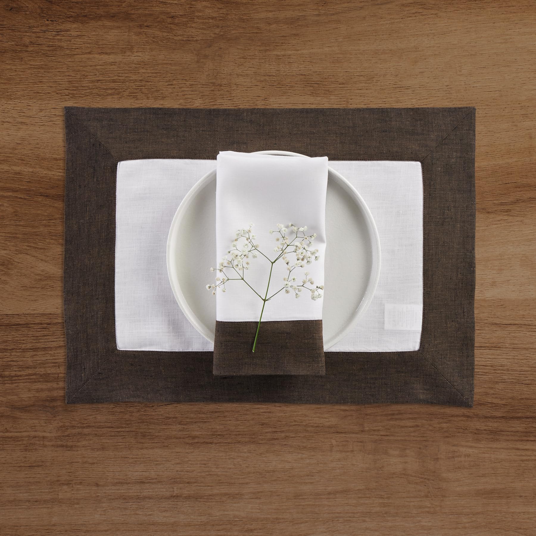 Solino Home Linen Dinner Napkins 20 X 20 Inch - 100% Pure Linen Chambray Brown And White Cloth Napkins Set Of 4 - Contempo, Hand