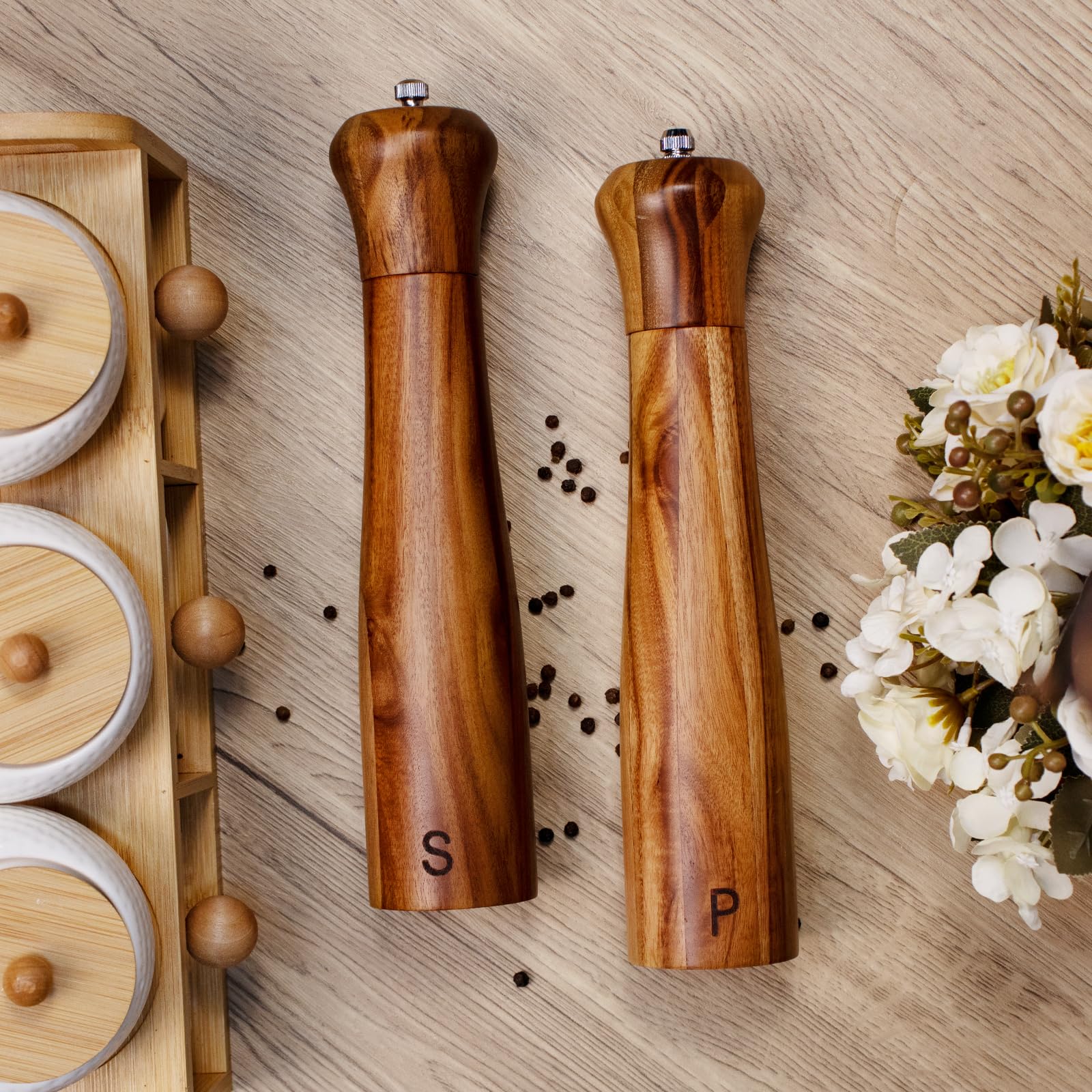 2 Pack 10 Inch Acacia Wooden Salt and Pepper Grinder Set, Manual Salt and Pepper Mills, Salt Grinder Refillable with Adjustable