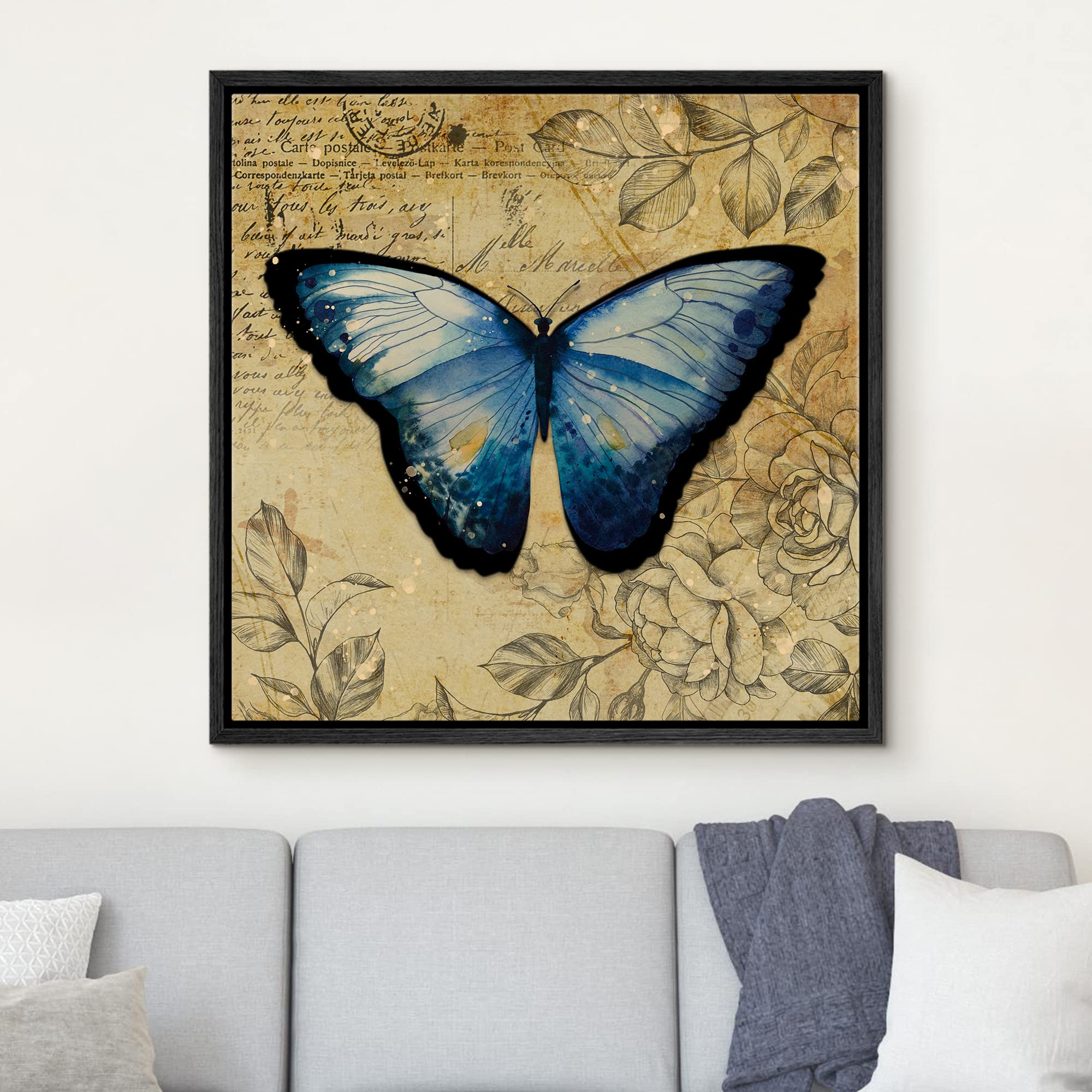 Wall26 Framed Canvas Print Wall Art Blue Monarch Butterfly Floral Pattern Nature Wilderness Rustic Modern Art Farmhouse Decorati