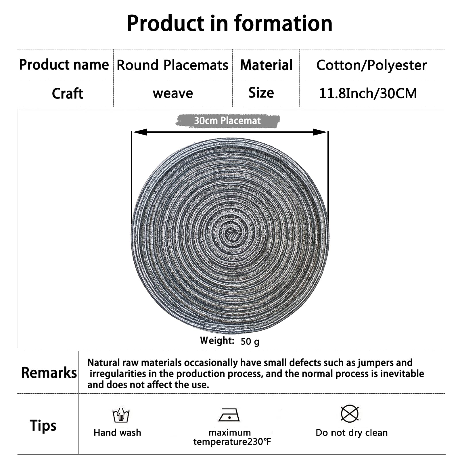 Adido Eva Round Placemats Set Of 4 Heat Resistant Braided Place Mats 11.8 Inch For Kitchen Table Black Grey