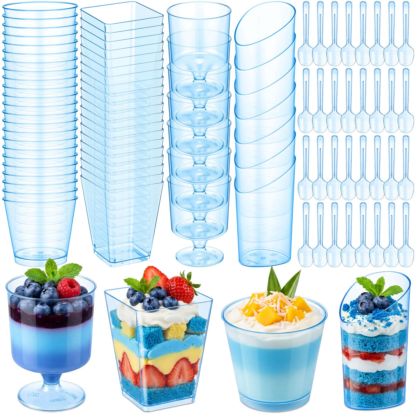 Funnymoom 300 Pack Clear Blue Mini Dessert Cups with Spoons 5oz 3oz Plastic Square Slanted Parfait Appetizer Shooter Round Goble