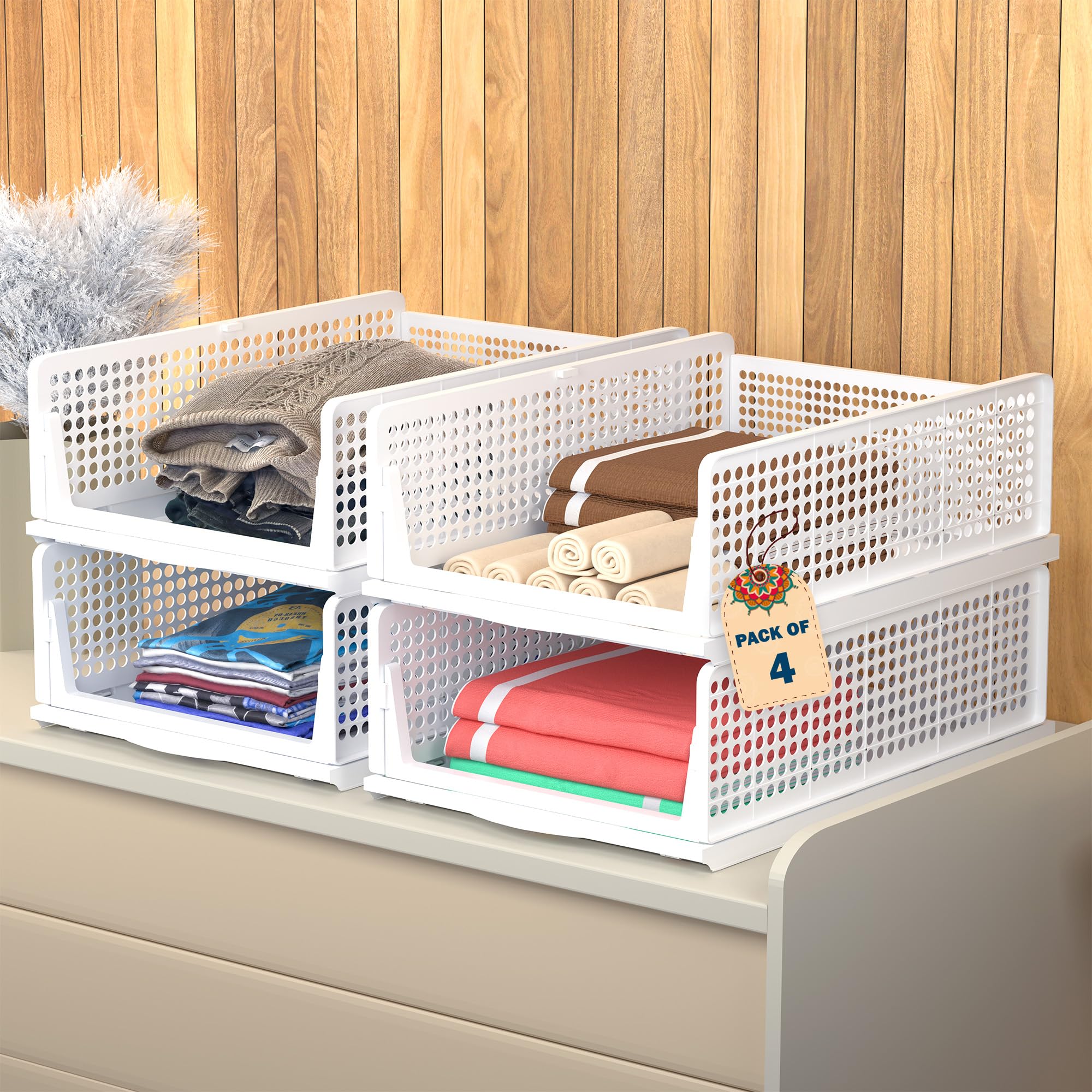 Kuber Industries Pack Of 12 (13X11 In) Foldable & Stackable Plastic Wardrobe Organizer For Storage Clothes | Alimrah Organizer W