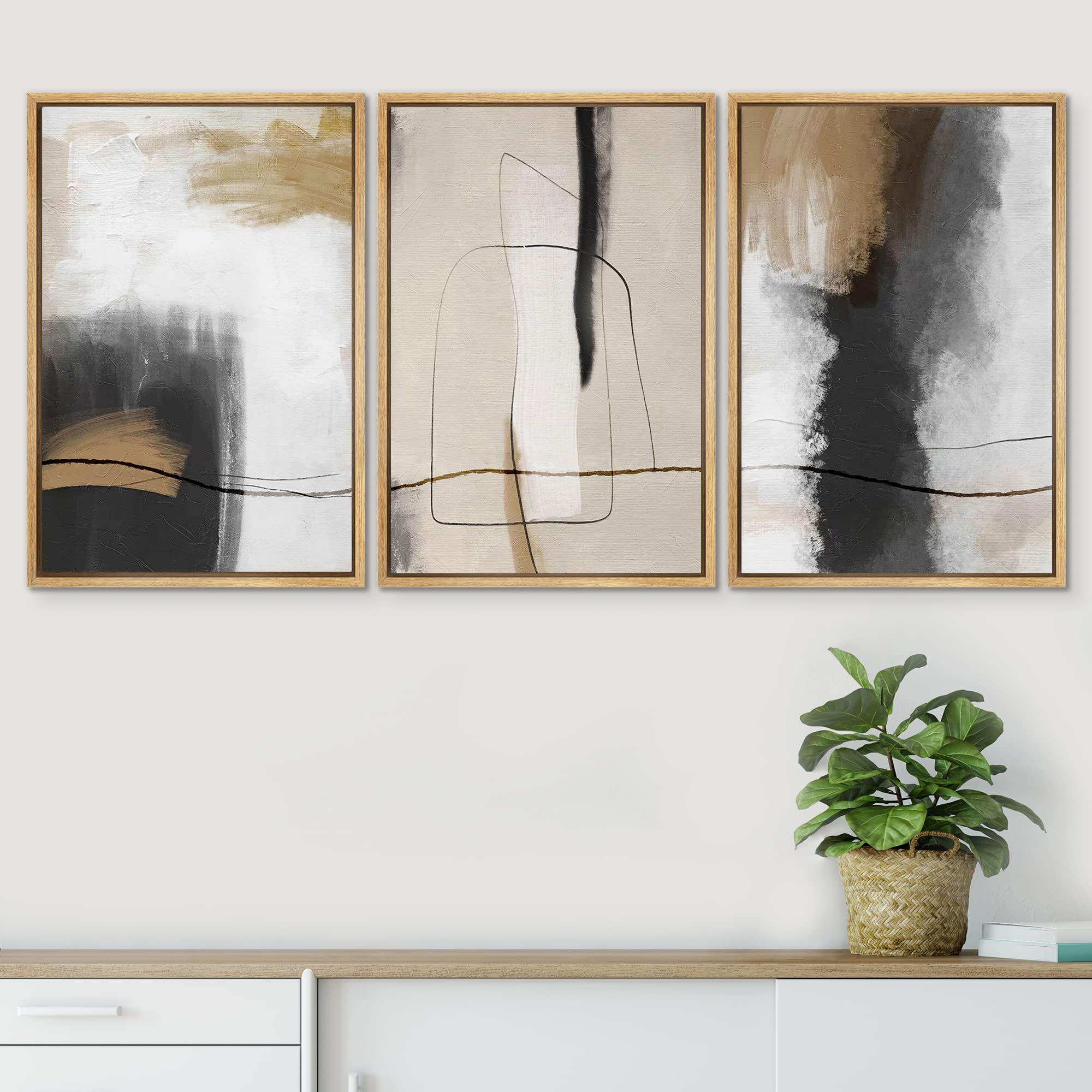 Signwin Framed Canvas Print Wall Art Set Geometric Line Brown Black Pastel Color Field Abstract Shapes Modern Art Colorful For L