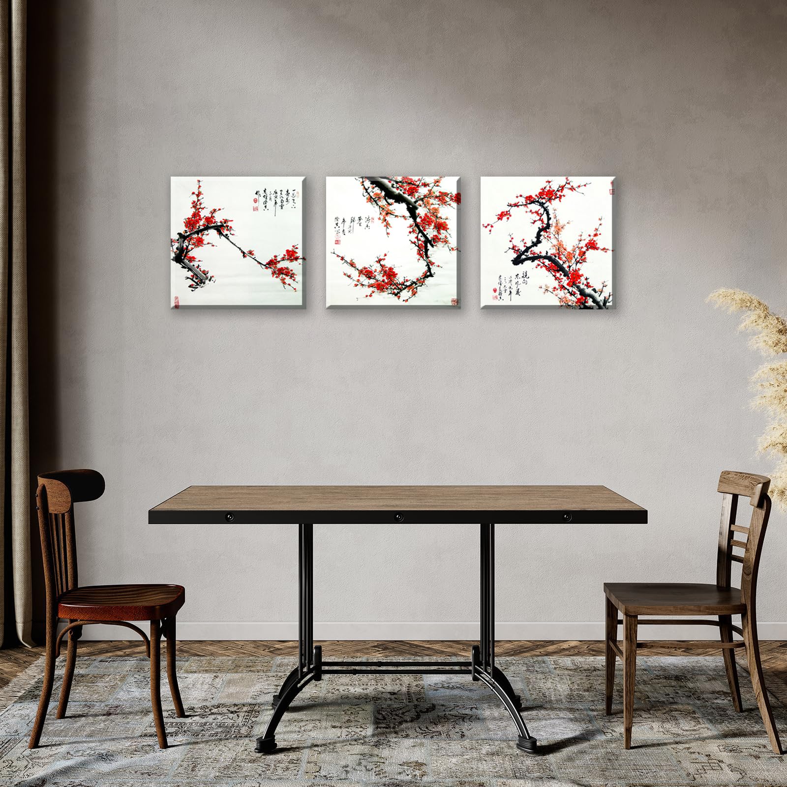 Nan Wind Small Size Traditional Chinese Painting Of Plum Blossom Canvas Prints 3 Panels Wood Framed Red Plum Blossom Wall Art Pl