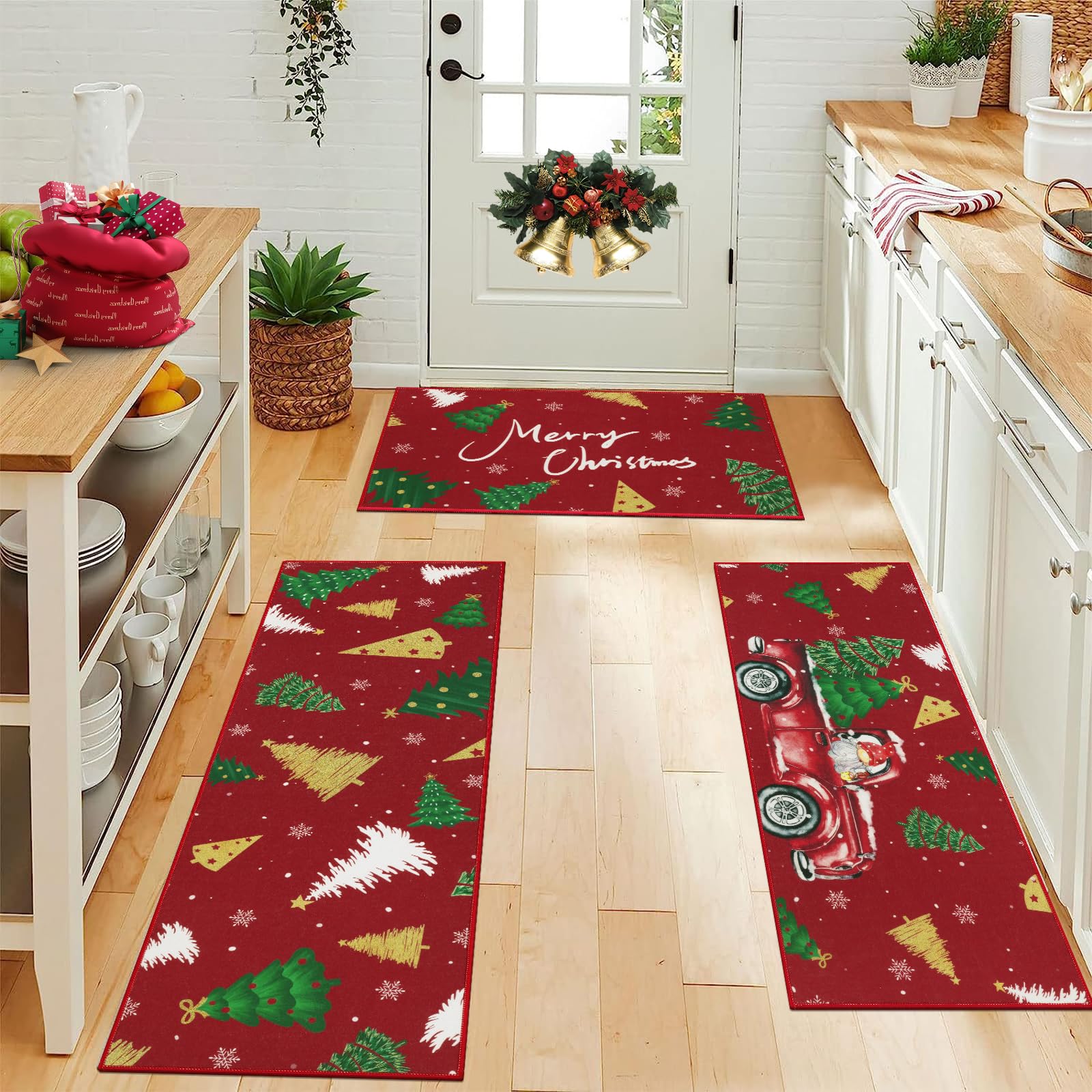 U Artlines Christmas Kitchen Rug and Mat Set of 3, Non Skid Xmas Colorful Tree Car Kitchen Mats for Home Decor, Washable Runner