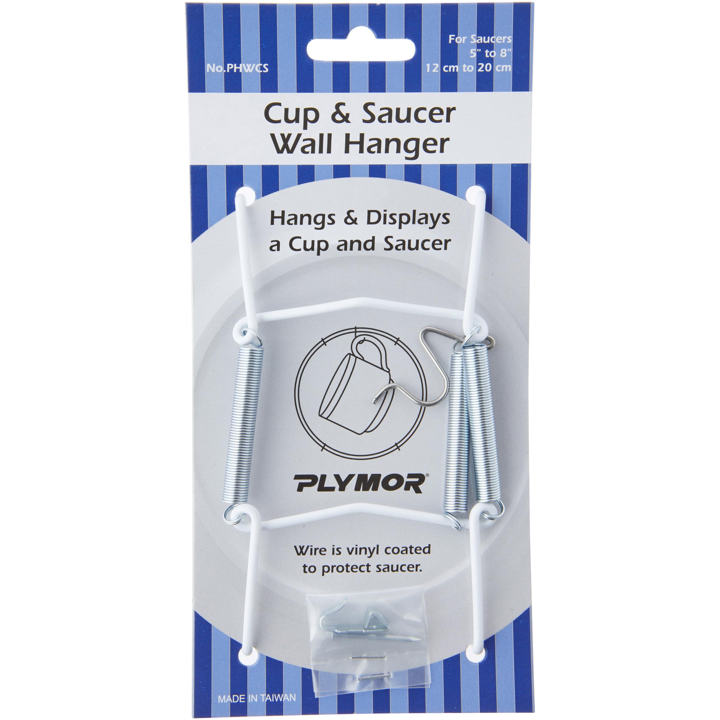 Plymor White Vinyl Finish Wall Mountable Tension Cup & Saucer Hanger, 8'' H X 2.75'' W X 1'' D (2 Pack)