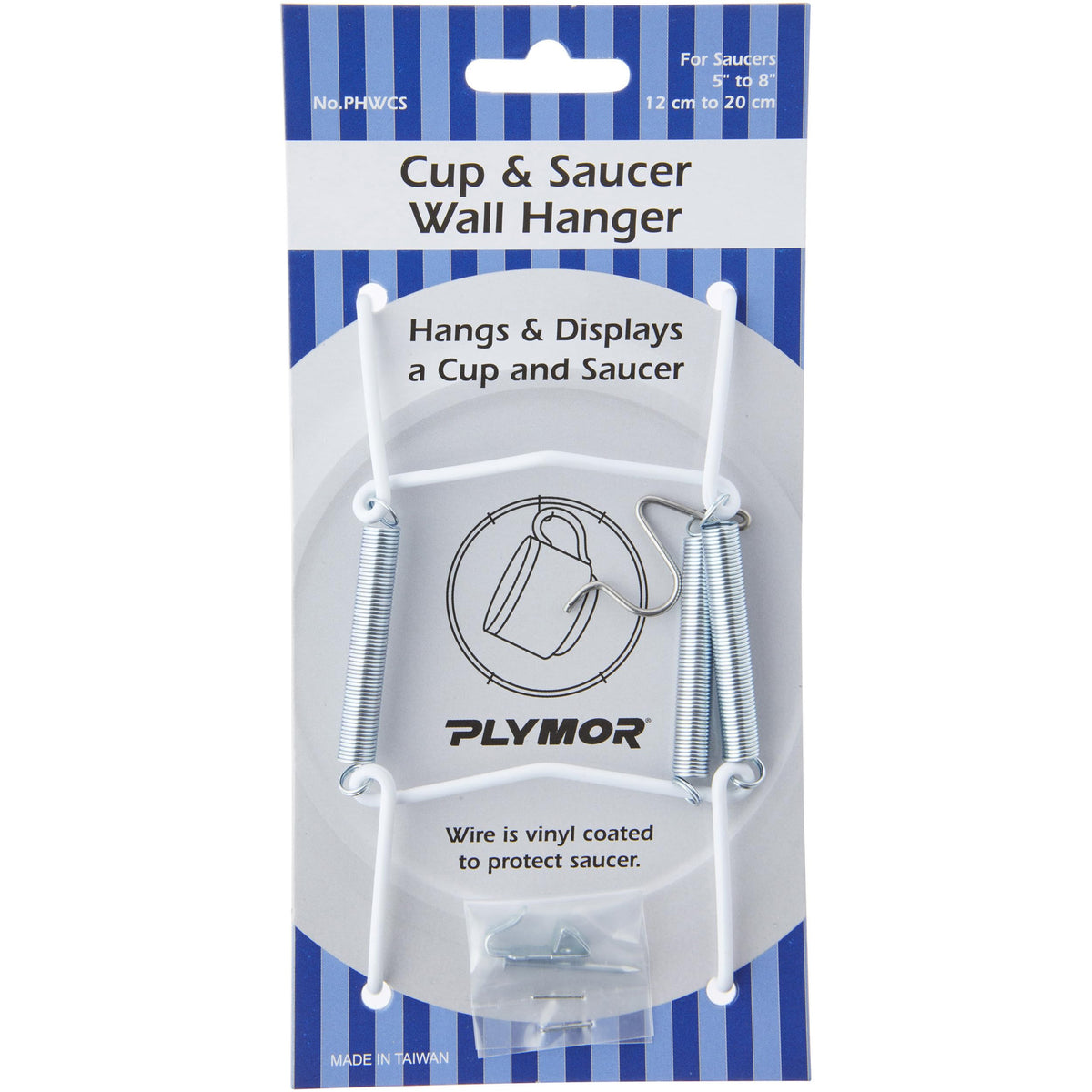 Plymor White Vinyl Finish Wall Mountable Tension Cup & Saucer Hanger, 8'' H X 2.75'' W X 1'' D (2 Pack)