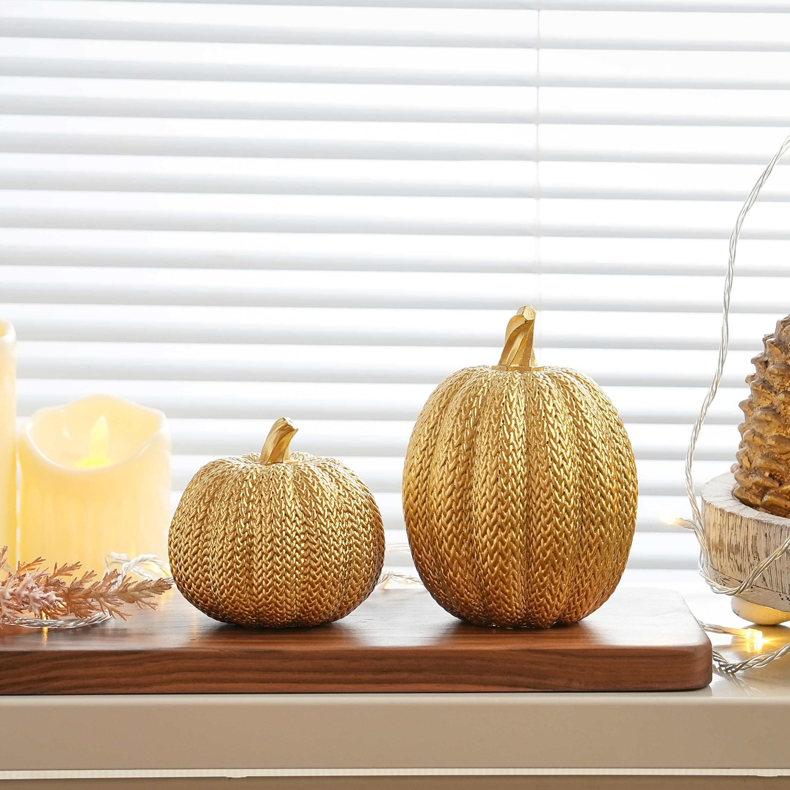 FESTGLOX Pumpkin Fall Decor Indoor - Gold Pumpkin for Decorating, 2Pcs Resin Pumpkins Decor with Woven Effect, Thanksgiving Tabl