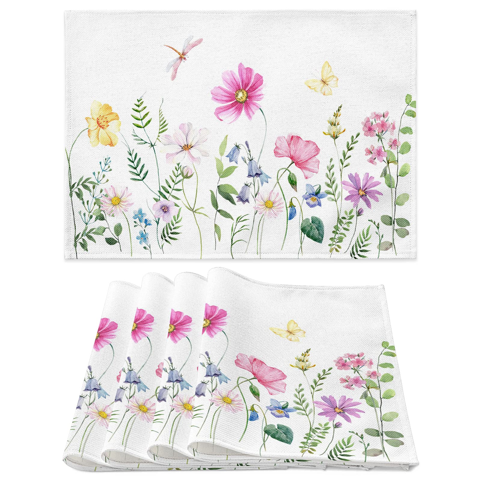 Placemats Set Of 4, Spring Summer Floral Non Slip Heat Resistant Cotton Linen Fabric Cloth Place Mats, White Square Washable Hol