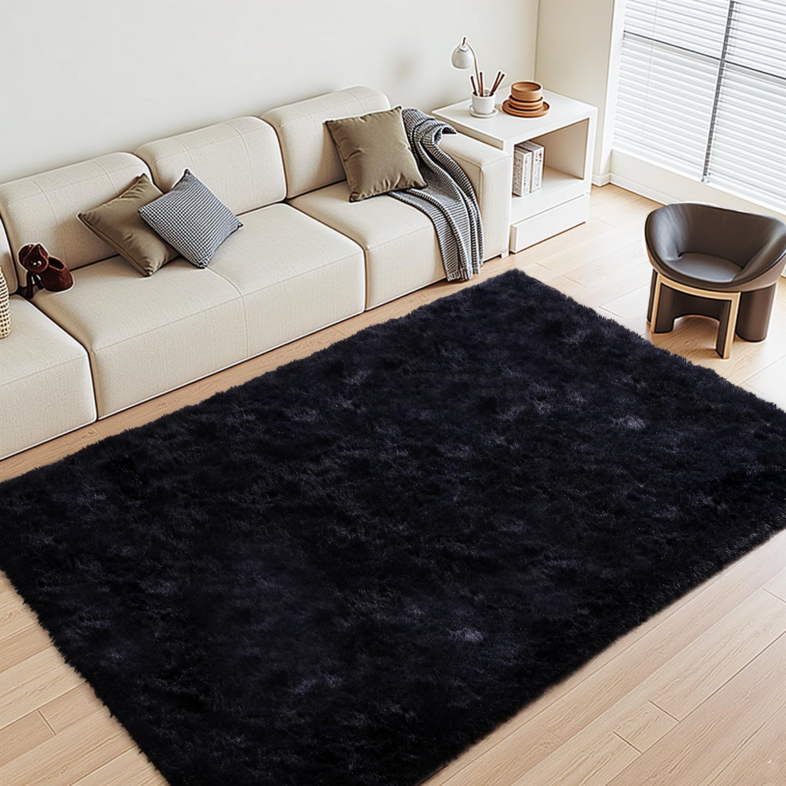 Black Rugs for Living Room Fluffy 4x6 ft Bedroom Rug Non-Slip Area Rugs Shag Carpet for Nursery Kids PlayRoom Dorm Office Indoor