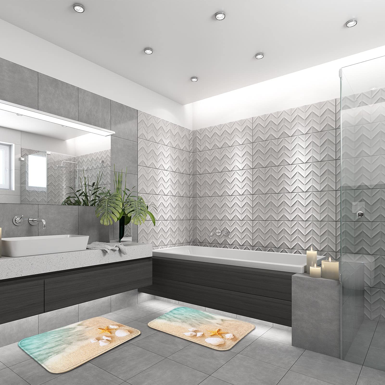 Britimes Beach Starfish Sea Shell Ocean Bathroom Rug Mat Set Of 2, Washable Cover Floor Rug Carpets Floor Bath Mat Bathroom Deco