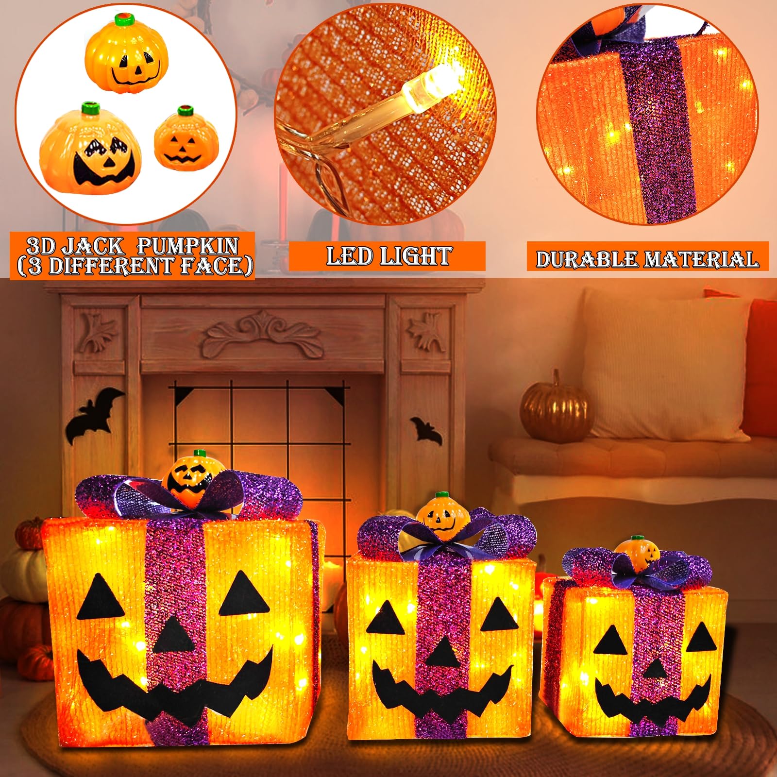 [ 8 Modes & Timer ] 3 Pack Lighted Halloween Pumpkin Decorations with 60 LED Lights Battery Operated Jack-O-Lantern Gift Box Hal