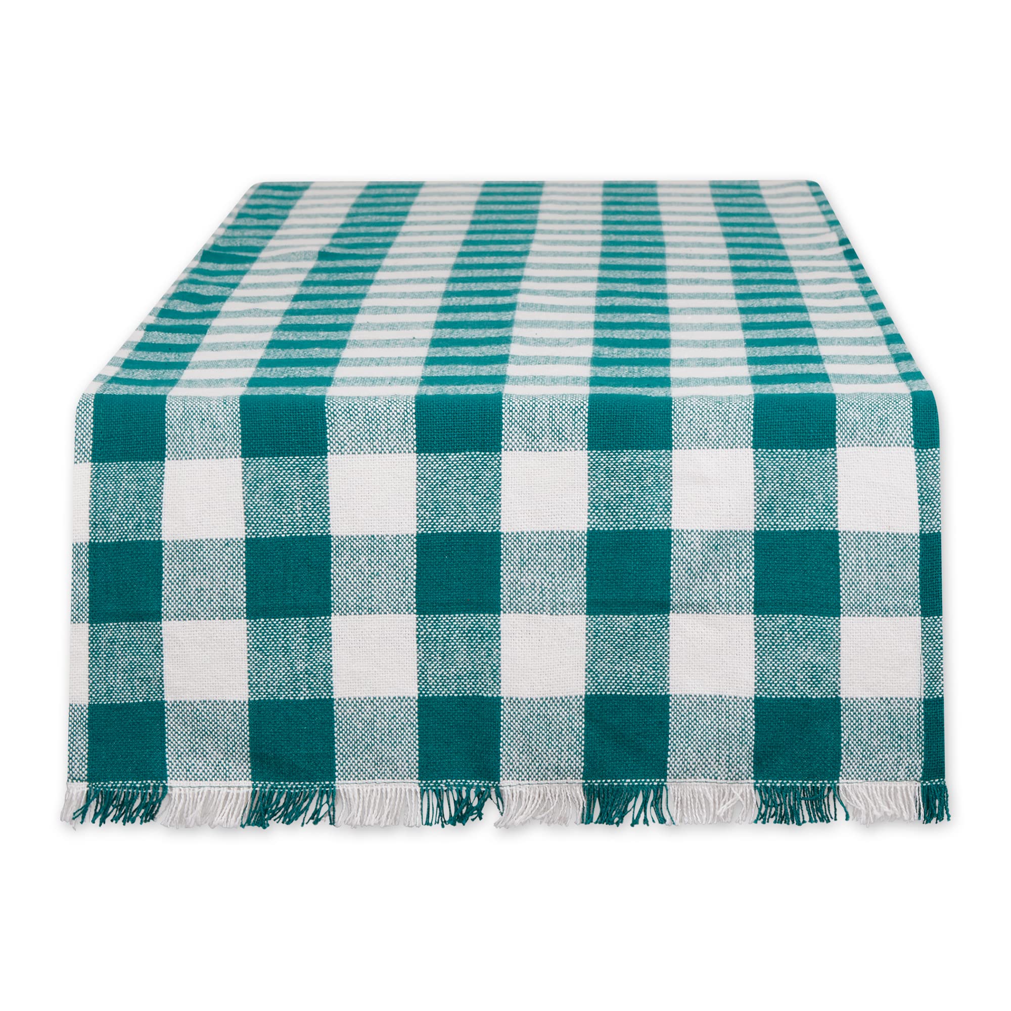 Dii Heavyweight Fringed Check Tabletop Collection, Table Runner, 14X72, Teal