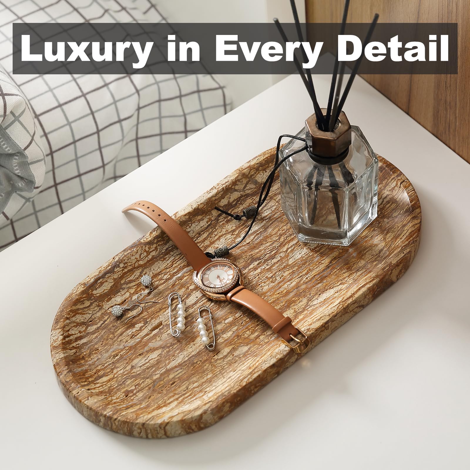 Koville Turkish Natural Marble Tray, 12'' Vanity Decorative Tray For Countertop Organizer, Catchall Tray For Perfume, Candles, J