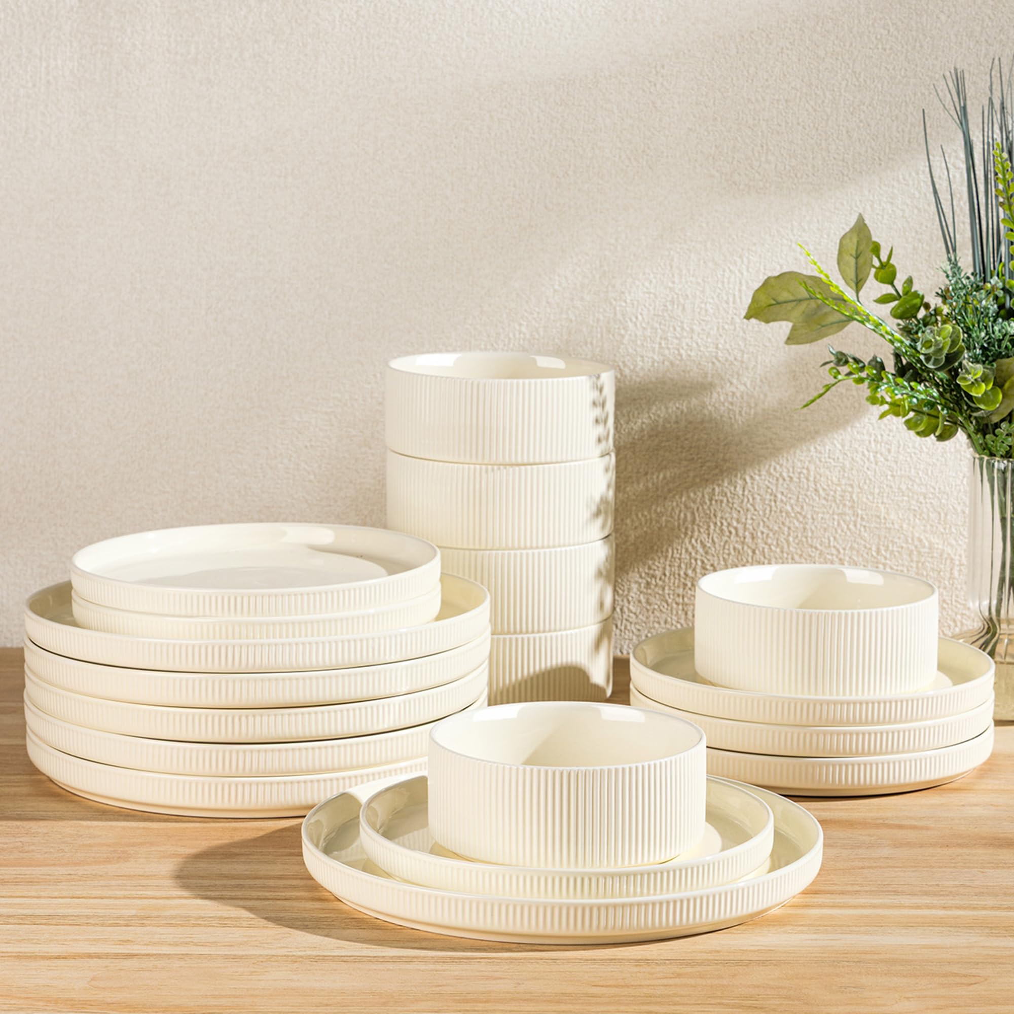 TheTerra Ceramic Dinnerware Sets for 6, 18 Pieces Porcelain Lightweight Plates and Bowls Sets, Scratch Resistant Dish Set, Oven 