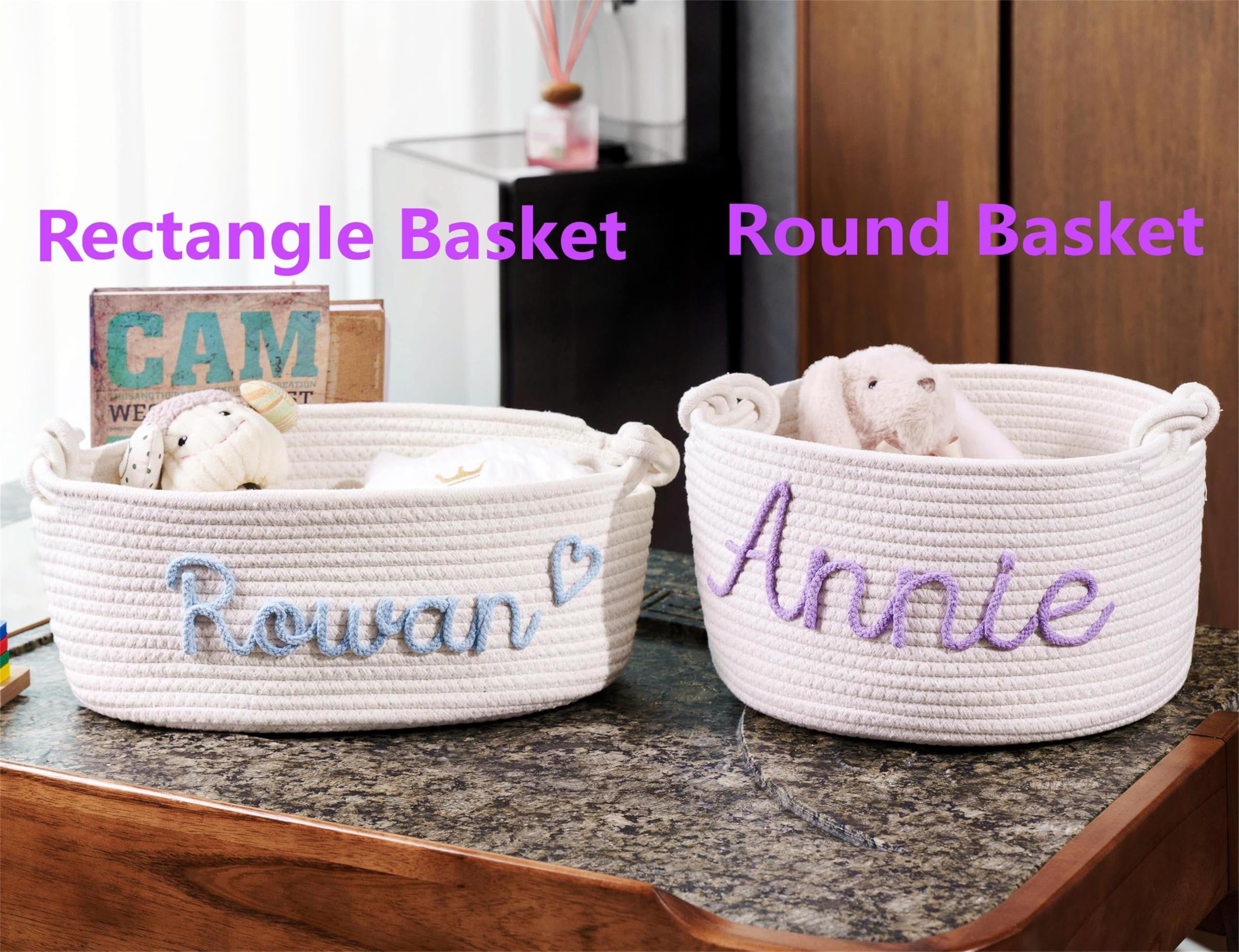 JUPPE Personalized Baby Shower Basket Gift, Baptism Gift Toys and Storage Organizer Custom Baby Boy Girl Name Cotton Rope Basket