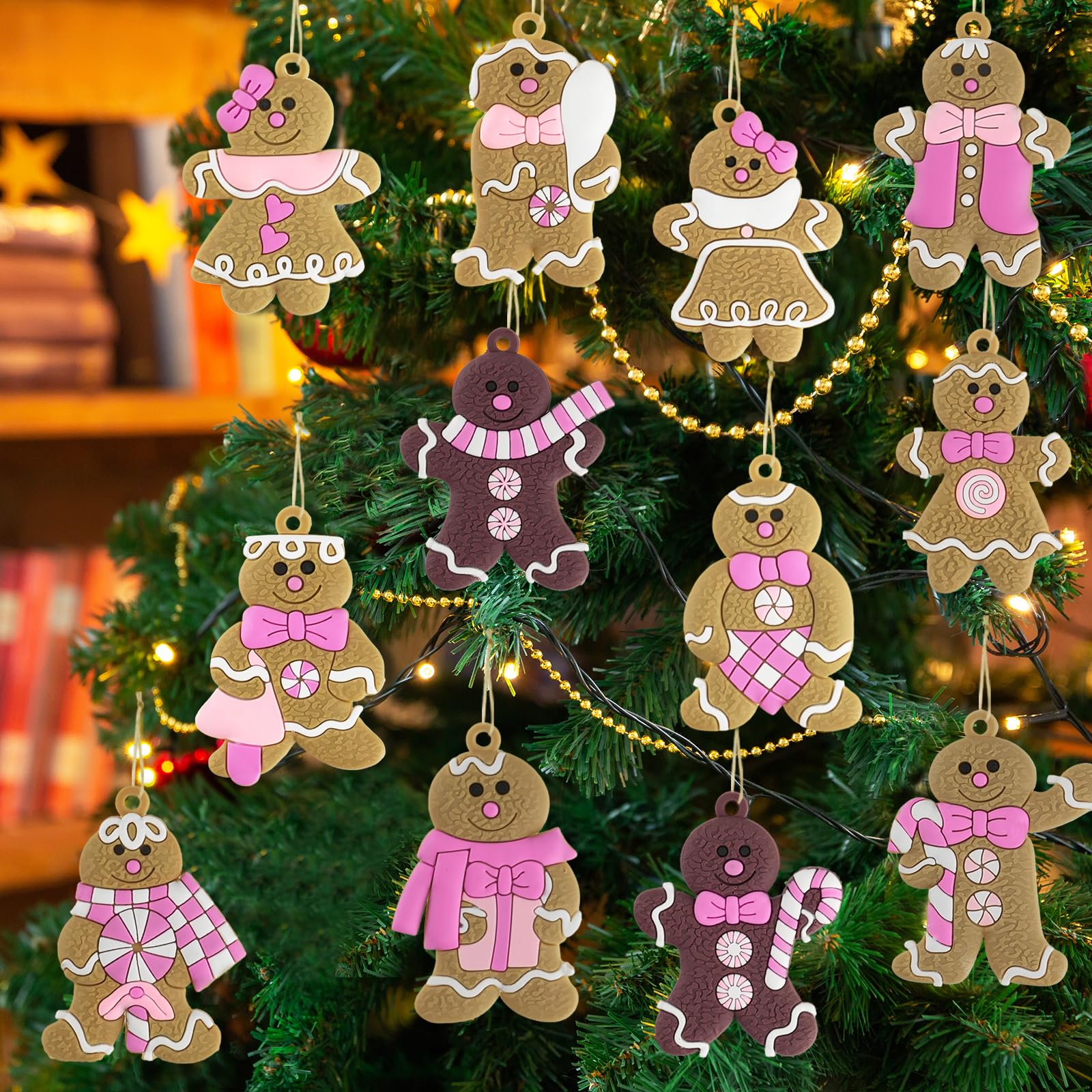 Gingerbread Man Ornaments Christmas Tree Decorations - 12pcs Pink Gingerbread Man Christmas Decorations Hanging Ornaments for Ho