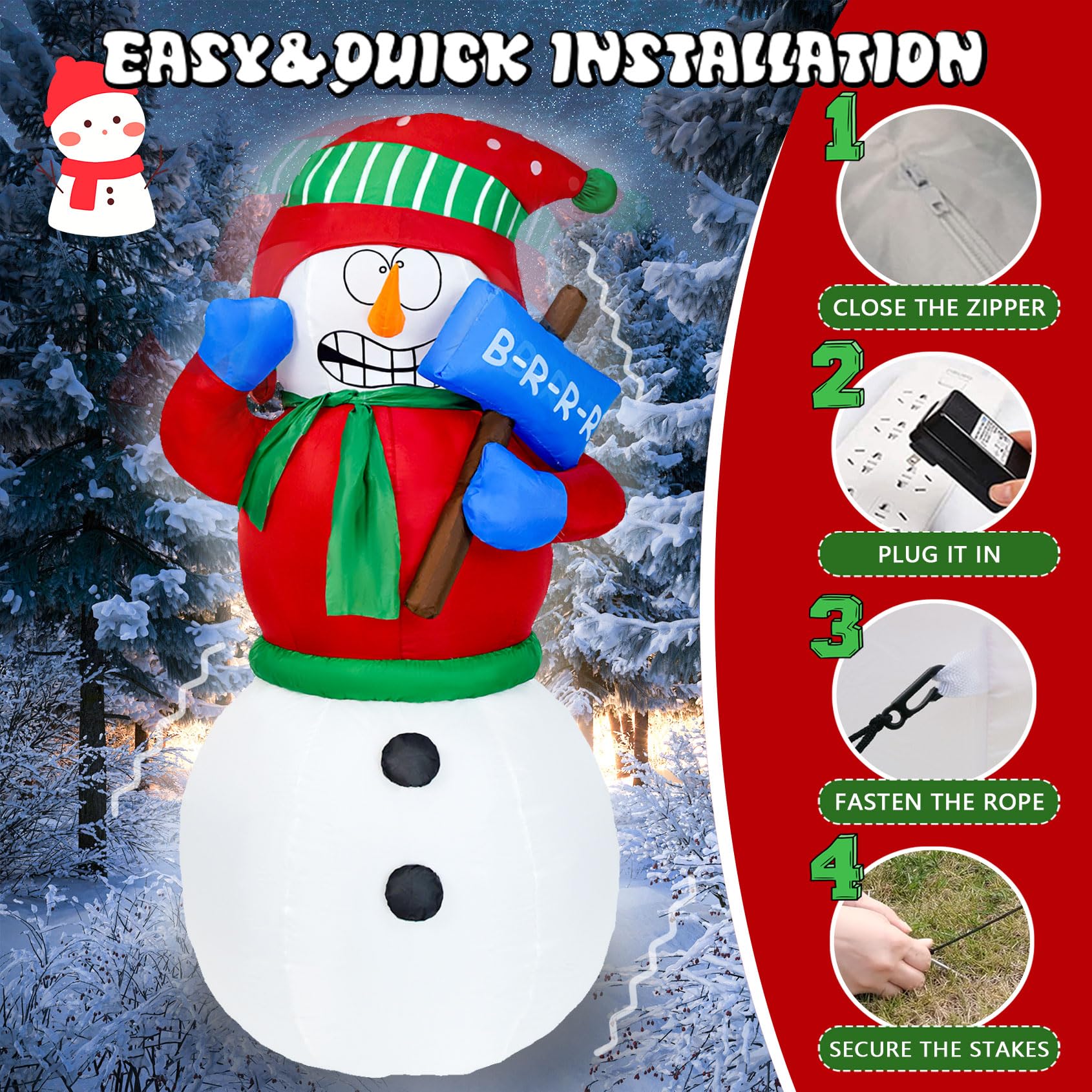 DearSun 6FT Inflatable Snowman with LED Lights - White Polyester Christmas Decoration, Model XF25001
