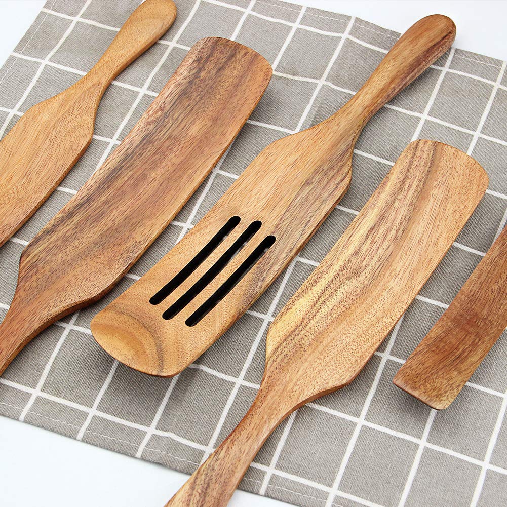 Wooden Cooking Utensils, Wooden Spatulas Set As Seen On Tv, Aoosy 5 Pcs Natural Acacia Wood Spurtle Kitchen Tools Utensil Set He