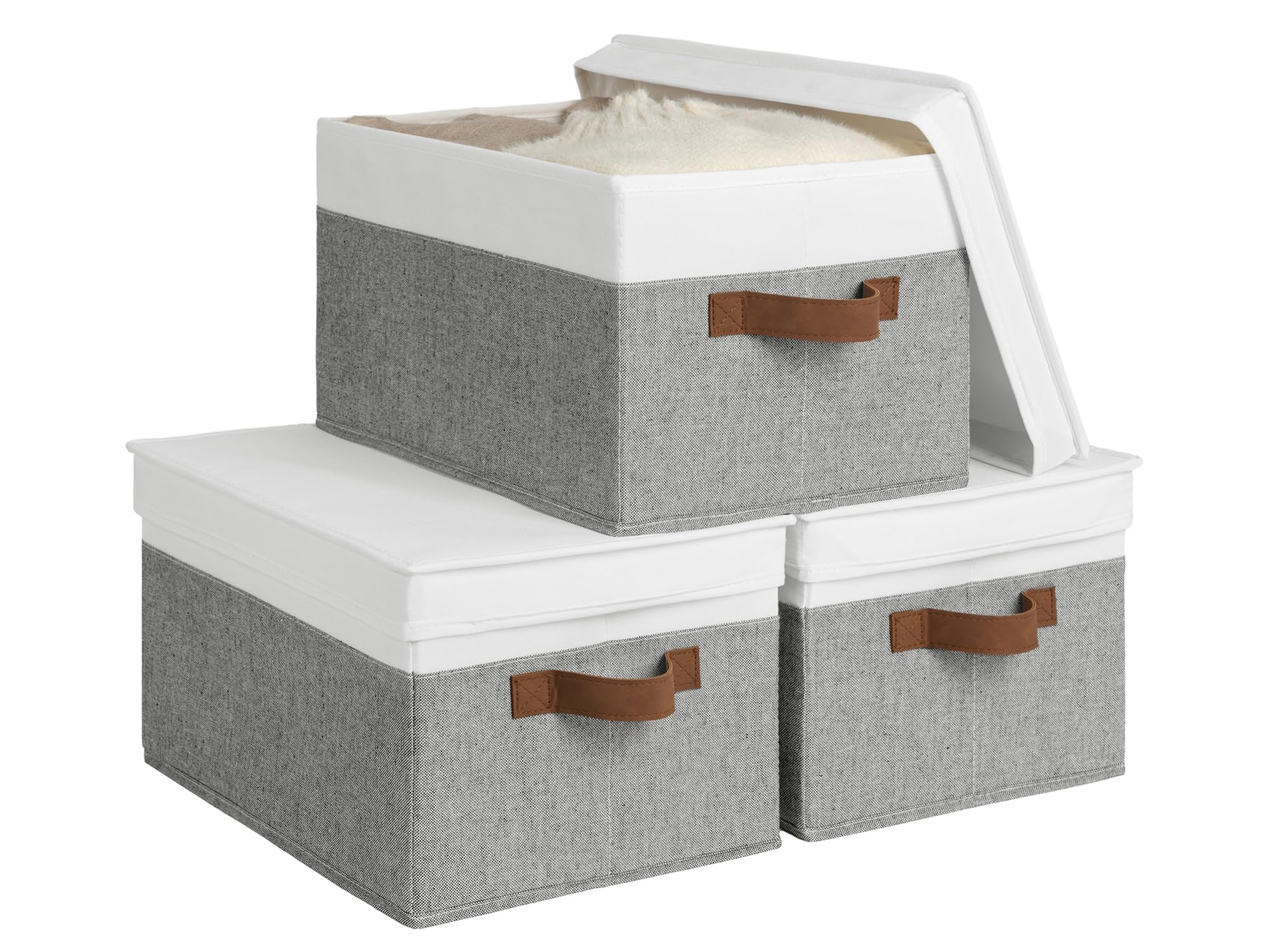 Storageworks Storage Bins With Lids, Foldable Closet Storage Bins, Decorative Storage Boxes With Pu Sewn Handles, Grey And White
