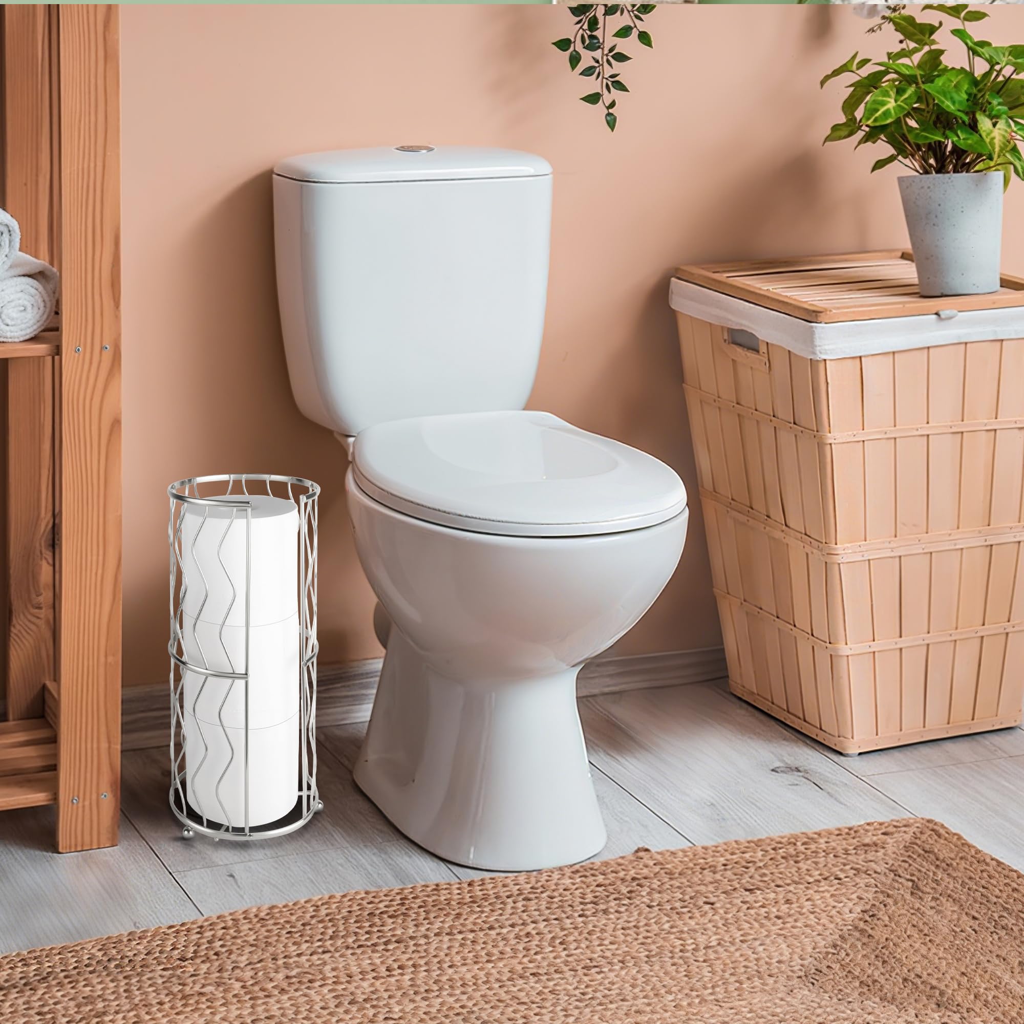 Megier Decorative Metal Standing Toilet Tissue Holder for Bathroom/Powder Room  Compact Tissue Reserve for 3 Jumbo Rolls of Extra Toilet Paper Chrome
