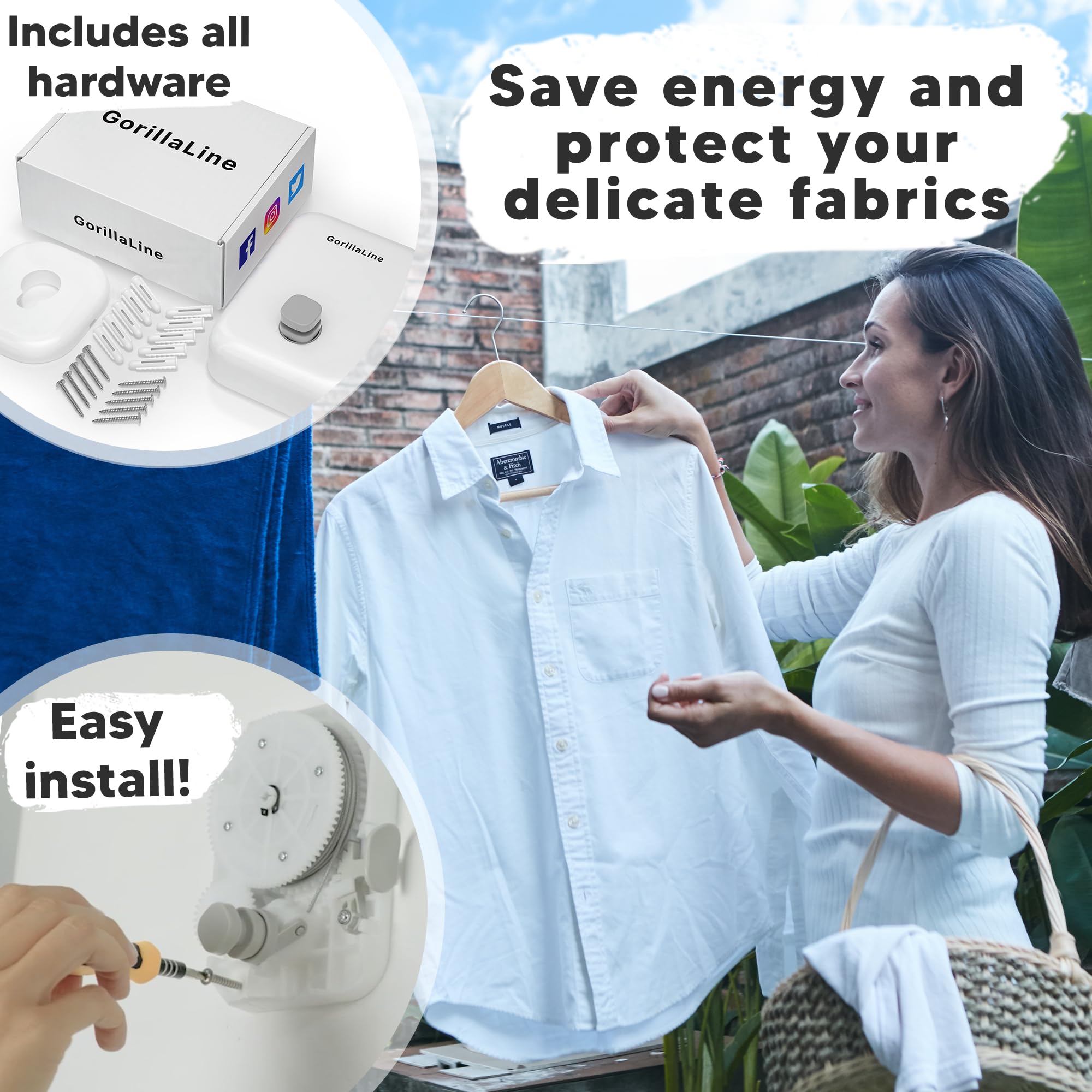 GorillaLine - Retractable Clothesline Indoor Outdoor Clothes Line | Heavy Duty Clothes Drying Laundry Line | Wall Mounted Drying Rack Clothing Line | Retracting Hanging | Features Secure Lock System