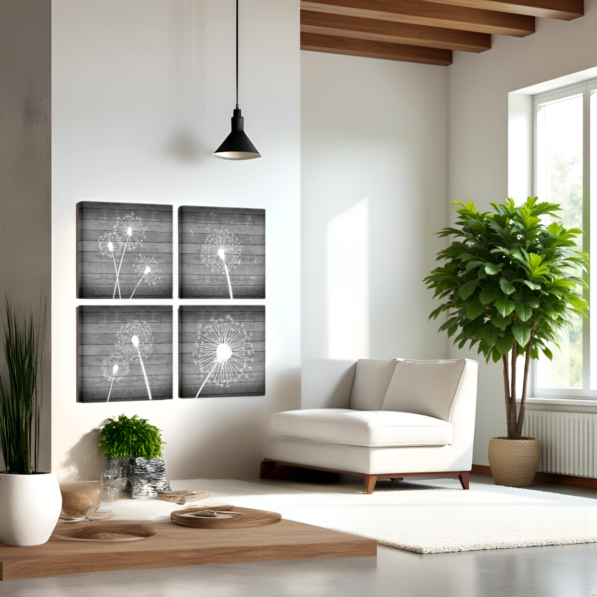 sechars Dandelion Canvas Wall Art White and Grey Paintings Picture Decor Modern Bedroom Bathroom Decorations (12x12inchesx4pcs)