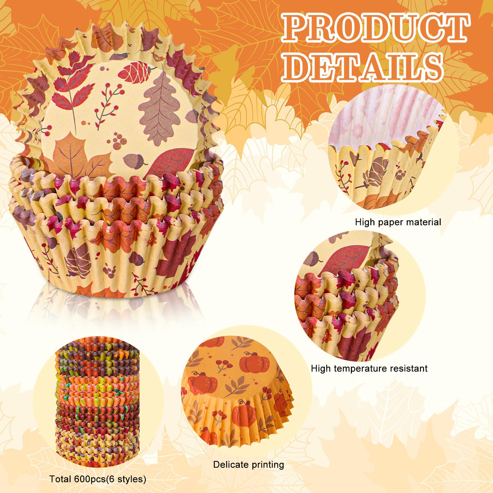 Whaline 600Pcs Fall Thanksgiving Cupcake Liners Maple Leaf Pumpkin Acorn Baking Cups Autumn Muffin Baking Liners For Birthday Pa