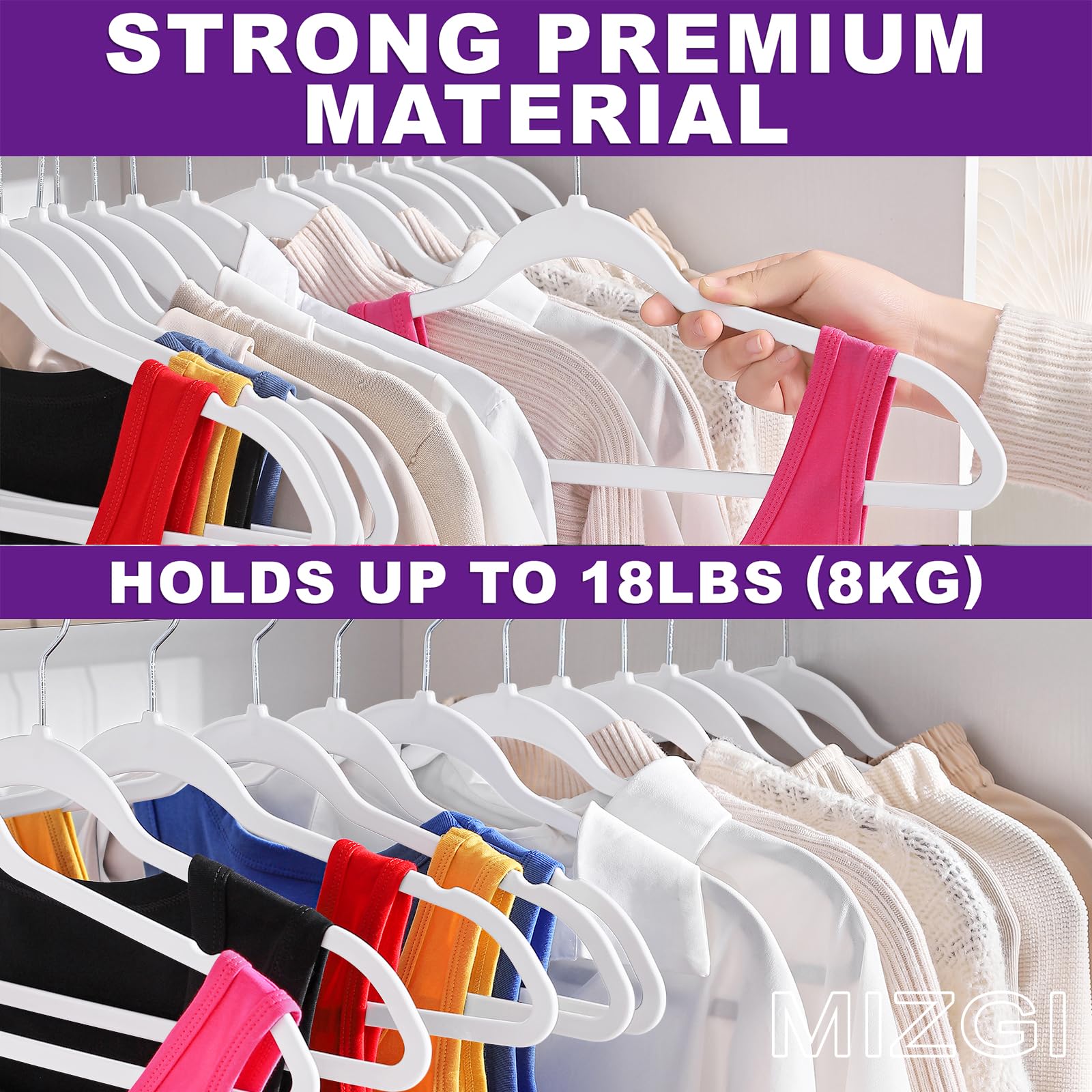 Hangers 50 Pack - Non-Velvet White Plastic Hangers For Clothes -Heavy Duty Slim Coat Hanger -Space-Saving Closet Hangers With Ch