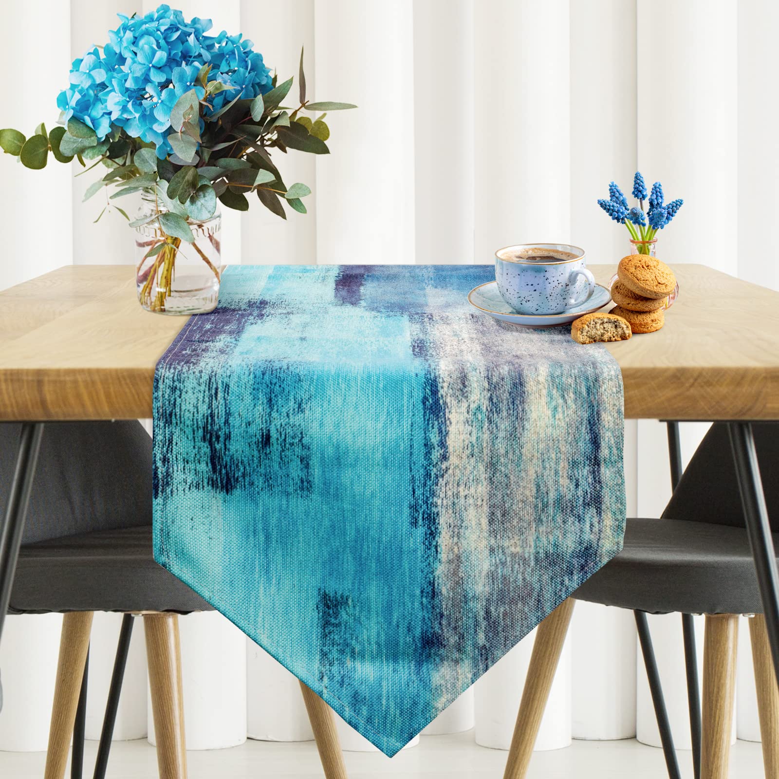 Turquoise And Grey Table Runners 90 Inches Long,Teal Abstract Modern Art Burlap Table Runners For Table Dresser Runner Farmhouse