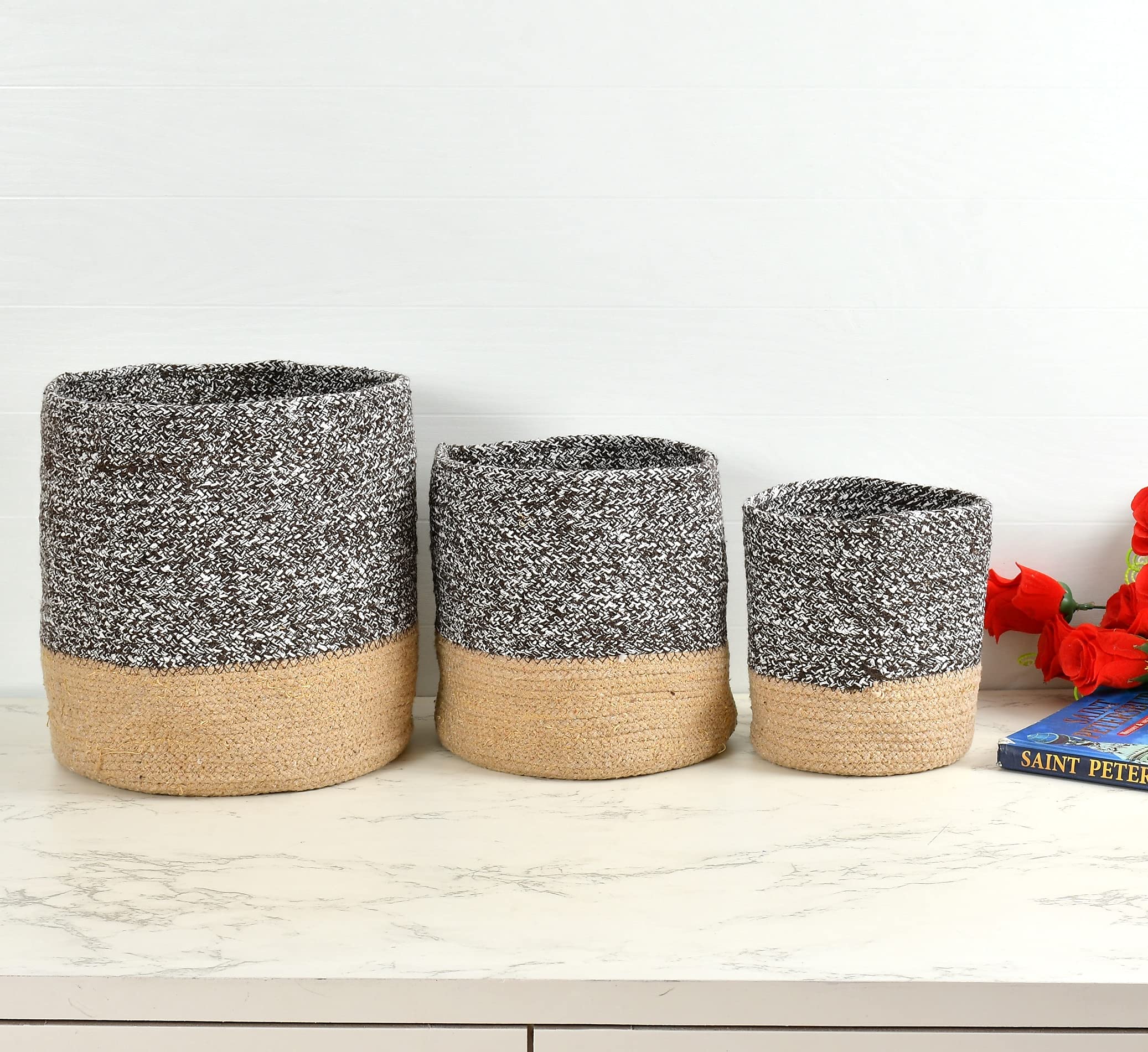 Lavichitra Braided Cotton Baskets | Storage Bins Organizer | Laundry, Toys & Planter Basket- Set Of 3 (6,8,10 Inch), Coffee