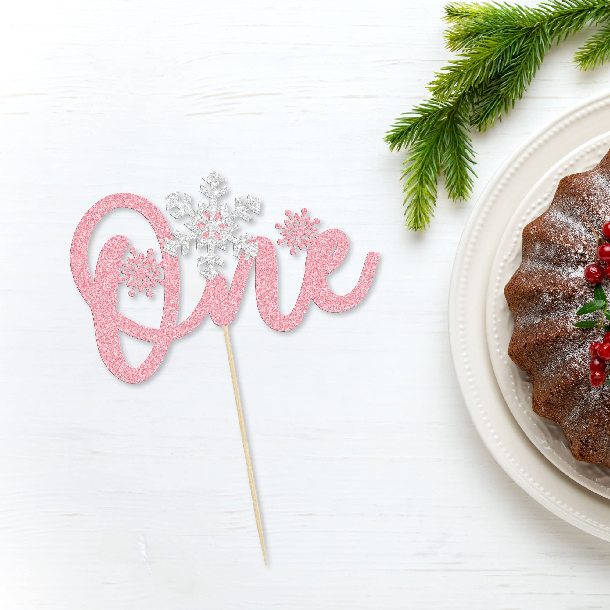 1 Pack Snowflake One Cake Topper Pink Glitter 1st Birthday Party Cake Pick Decorations for Winter Snowflake Theme Baby Shower Kids First Birthday Party Supplies