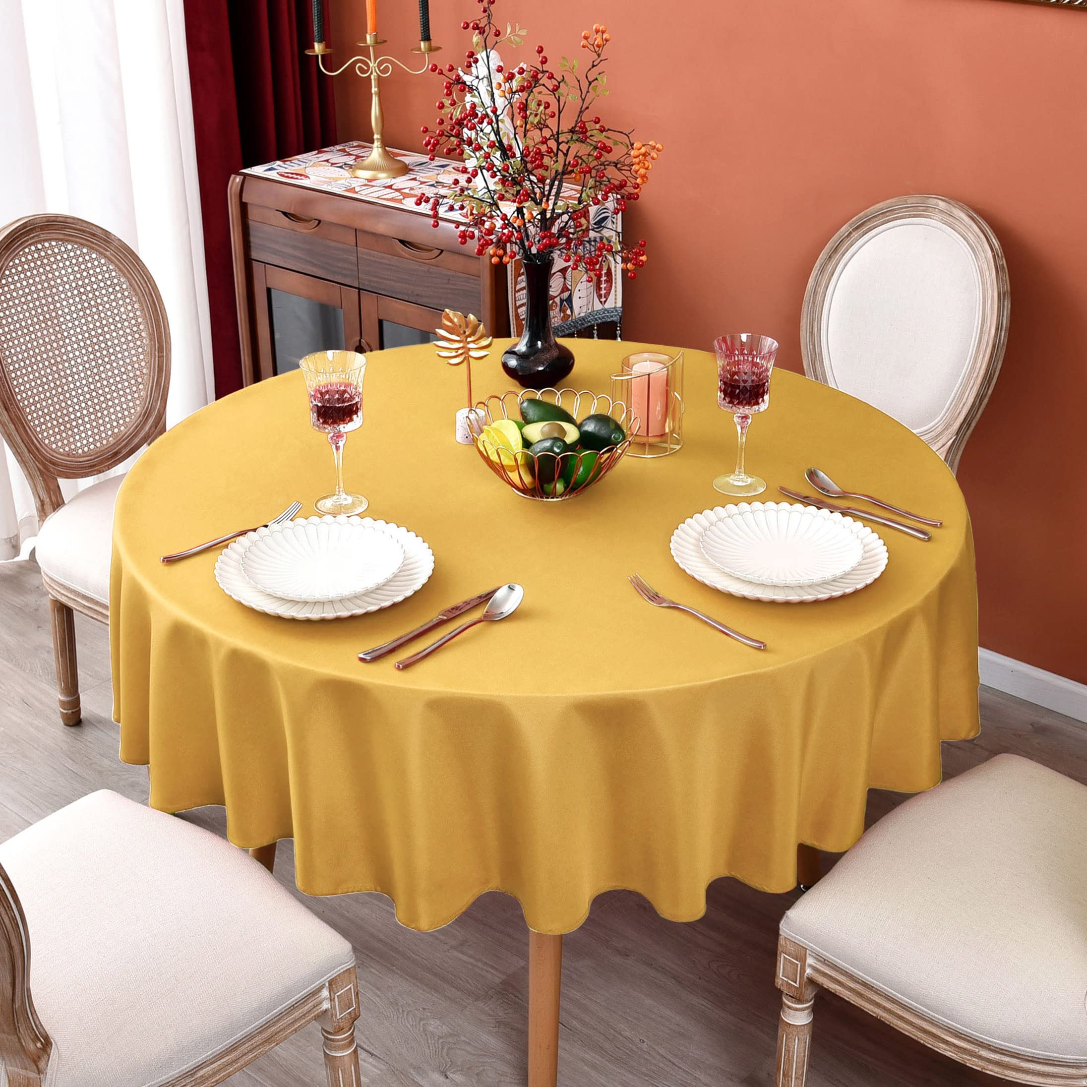 Meanmoy Gold 210 Gsm Water & Stain Resistant Round Tablecloth For Circle Table - Solid 60 Inch Table Cloth Cover In Wrinkle Free