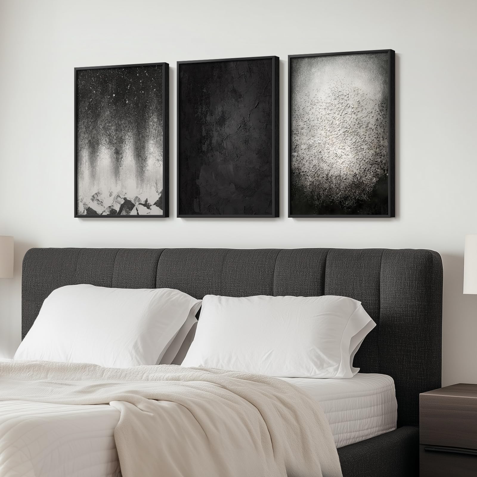 Framed Black And White Abstract Starry Night Wall Art, Set Of 3 Piece Modern Big Canvas Paintings Artwork For Walls, Minimalist