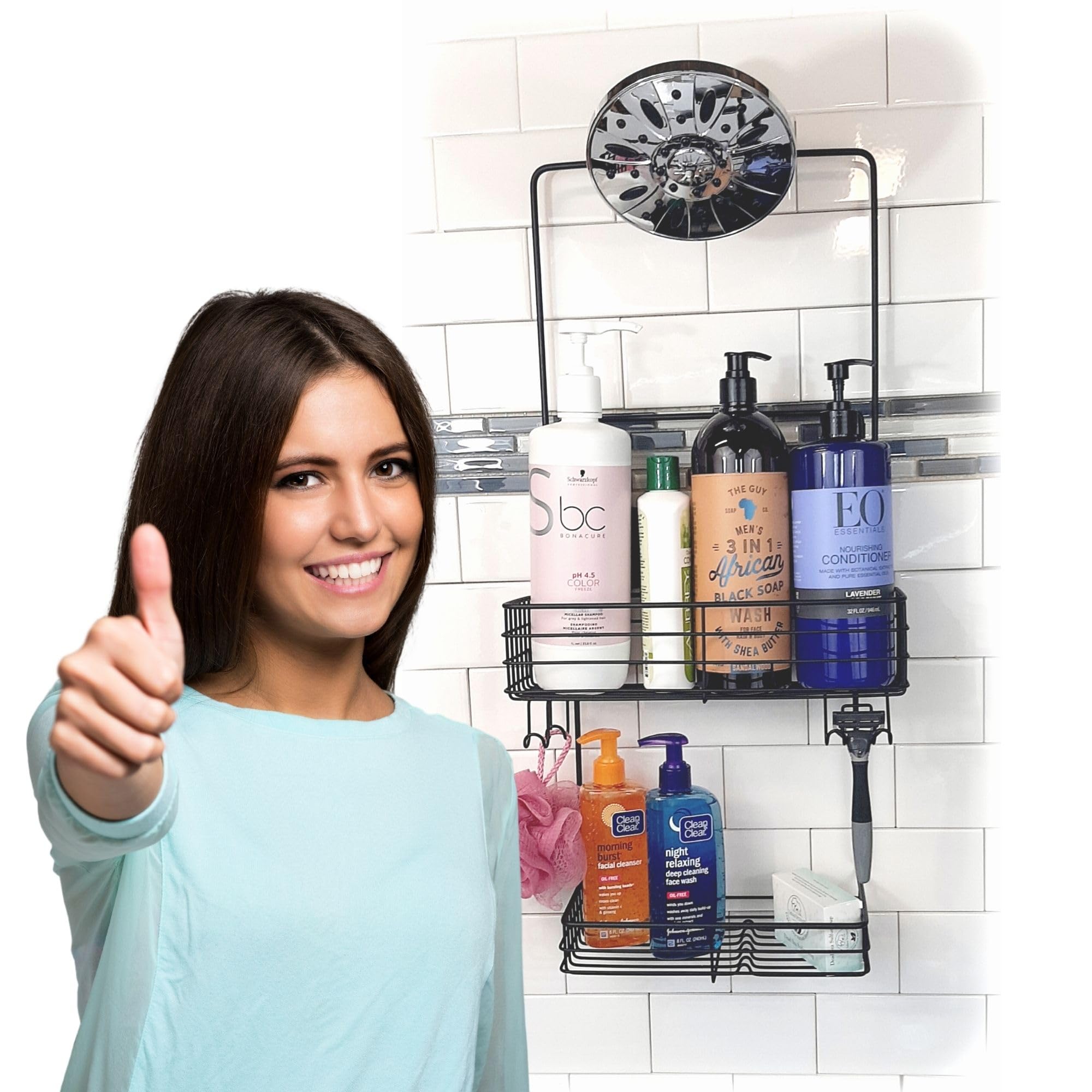 Gecko-Loc Extra Long Wide Adjustable Length Over The Showerhead Hanging Shower Caddy Organizer - For Shampoo, Soap, & Razors - B