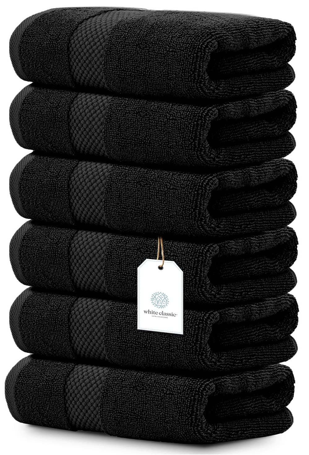 White Classic Luxury Hand Towels | Cotton Hotel Spa Bathroom Towel | 16X30 | 6 Pack | Black