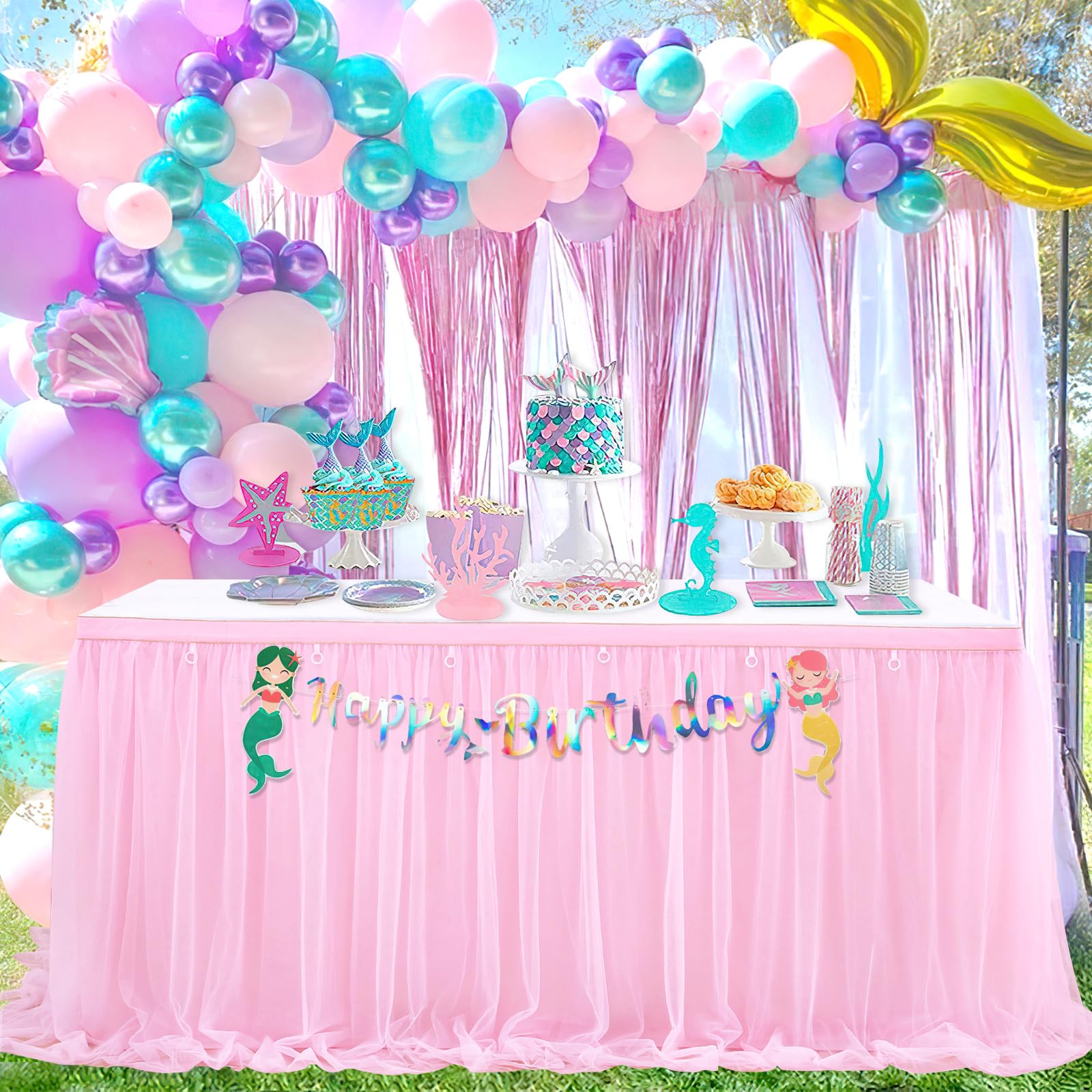 Pink Table Skirt 6Ft Tulle Table Skirting 2 Layer Rectangle Pink Tutu Tablecloth For Birthday Baby Shower Wedding