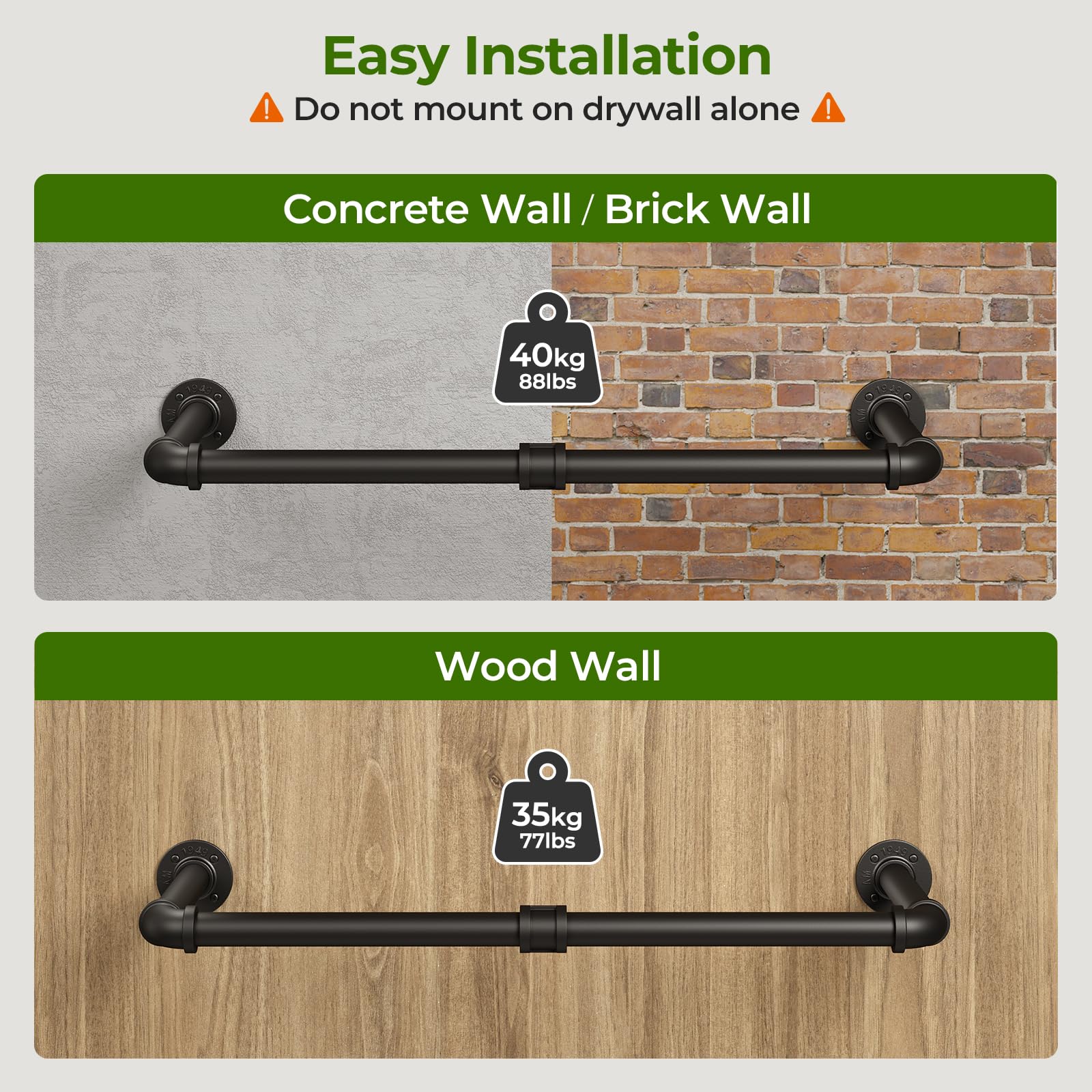 GREENSTELL Clothes Rack  36.2 Inch Industrial Pipe Wall Mounted Garment Rack  Space-Saving  Heavy Duty Detachable Garment Bar  Multi-Purpose Hanging Rod for Closet 2 Base (2 Pack)