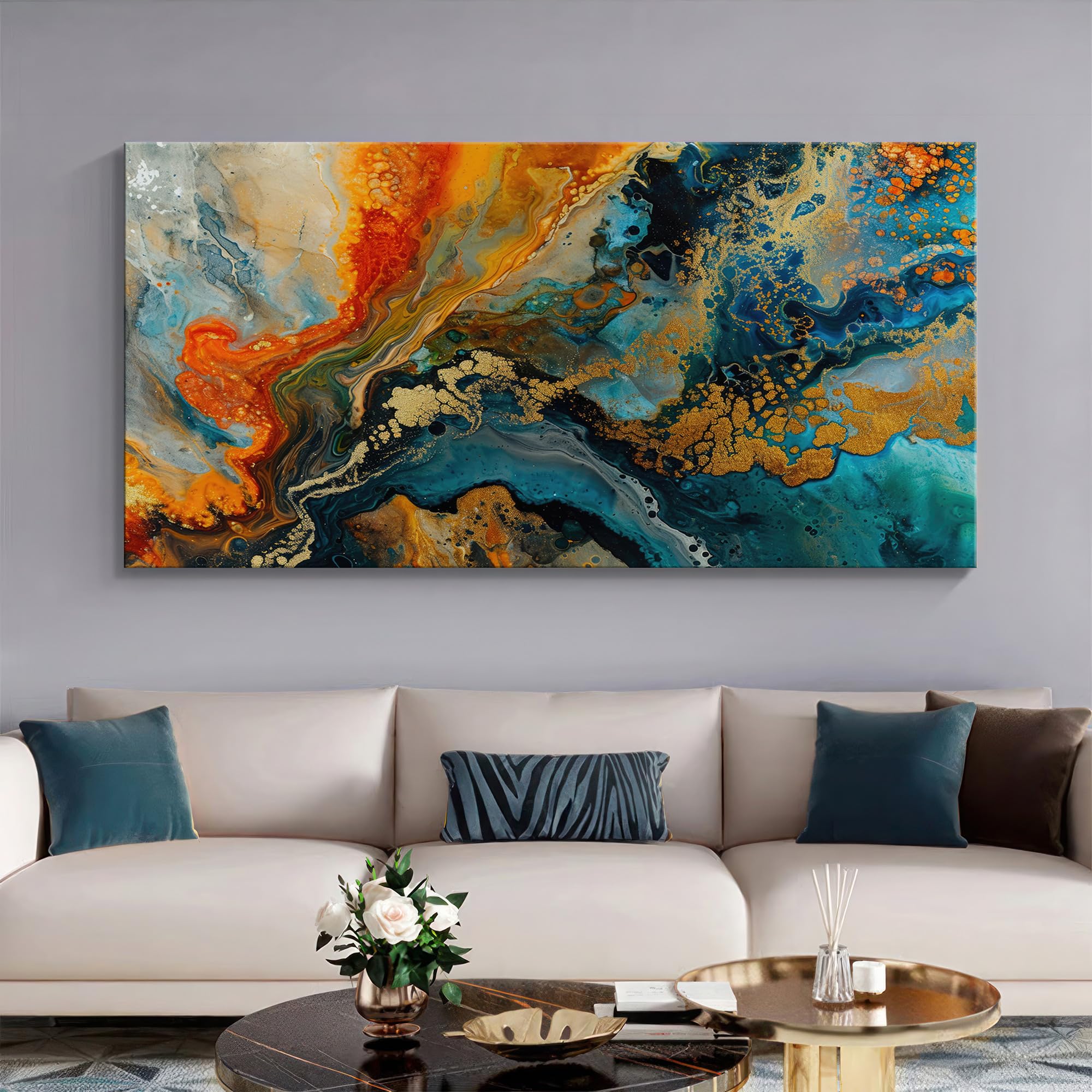 999Store Fiery Abstract Canvas Painting - Bold Red And Blue Art Print - Dynamic Wall Art 24X48 Inches Framed Art (Flp24480726)