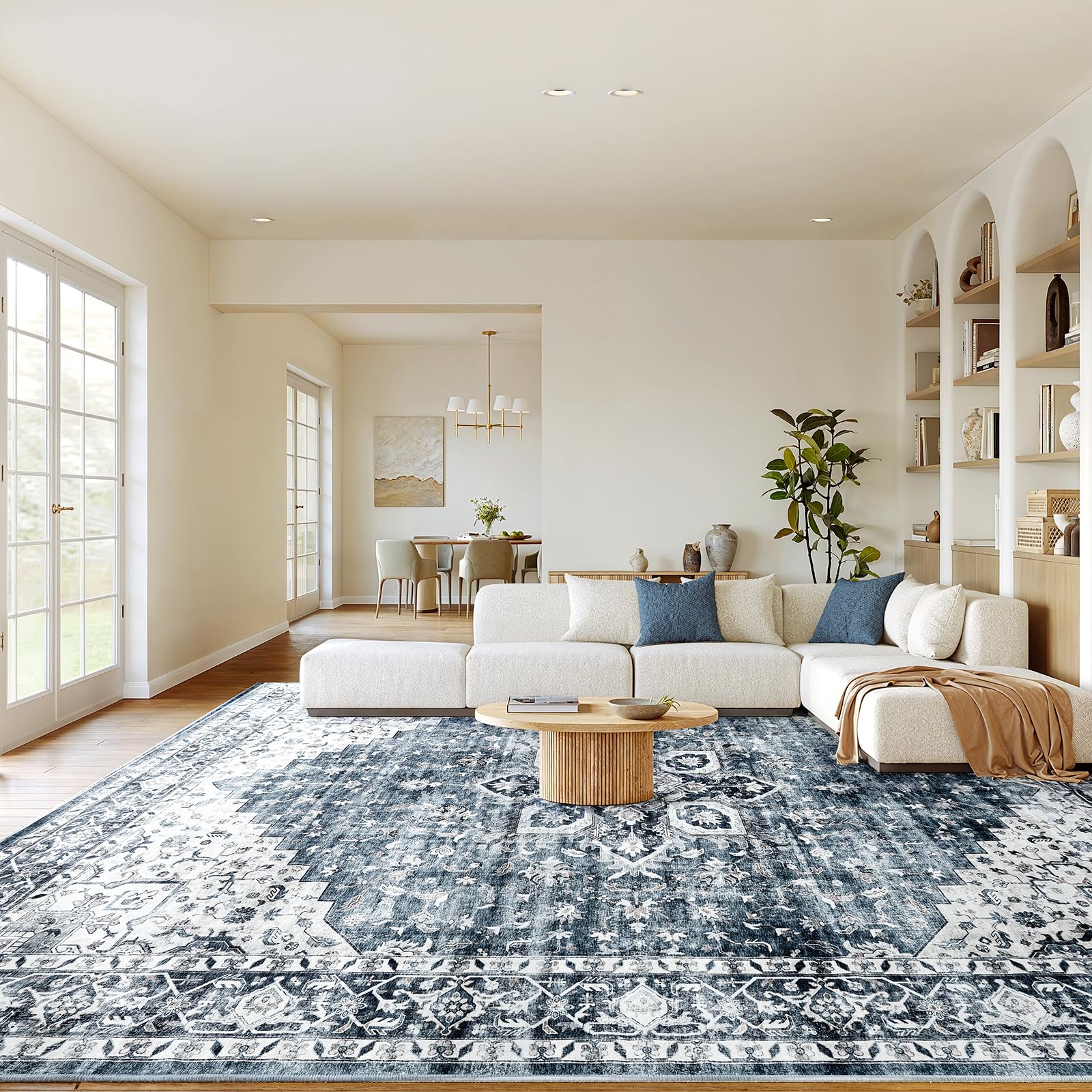 AMADA HOMEFURNISHING 8x10 Washable Area Rug, Low-Profile Large Area Rug with Non-Slip Backing & Durable Edge Binding, Vintage La