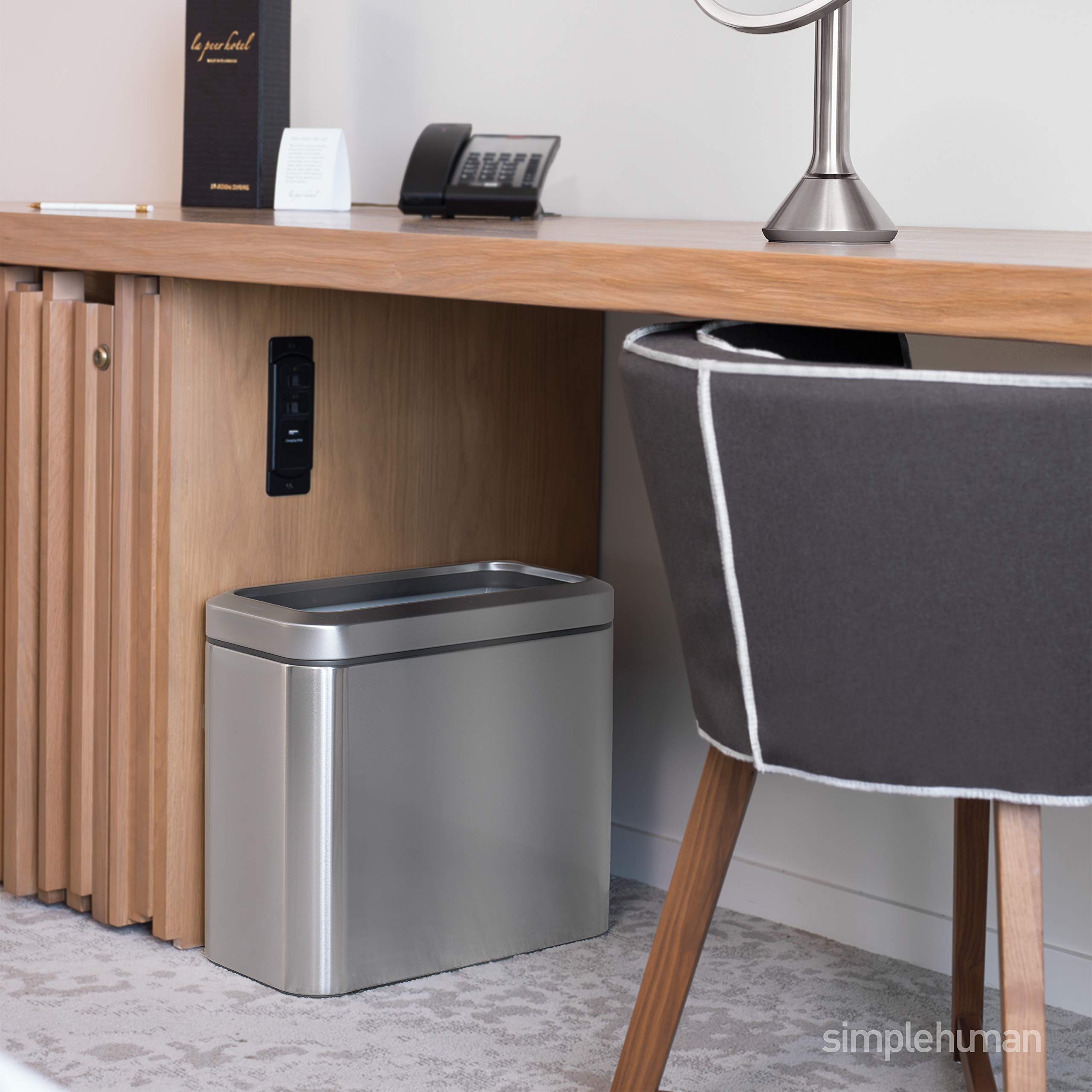 Simplehuman 25 Liter / 6.6 Gallon Slim Open Top Small Trash Can, Commercial Grade Heavy Gauge Office Trash Can, White Stainless