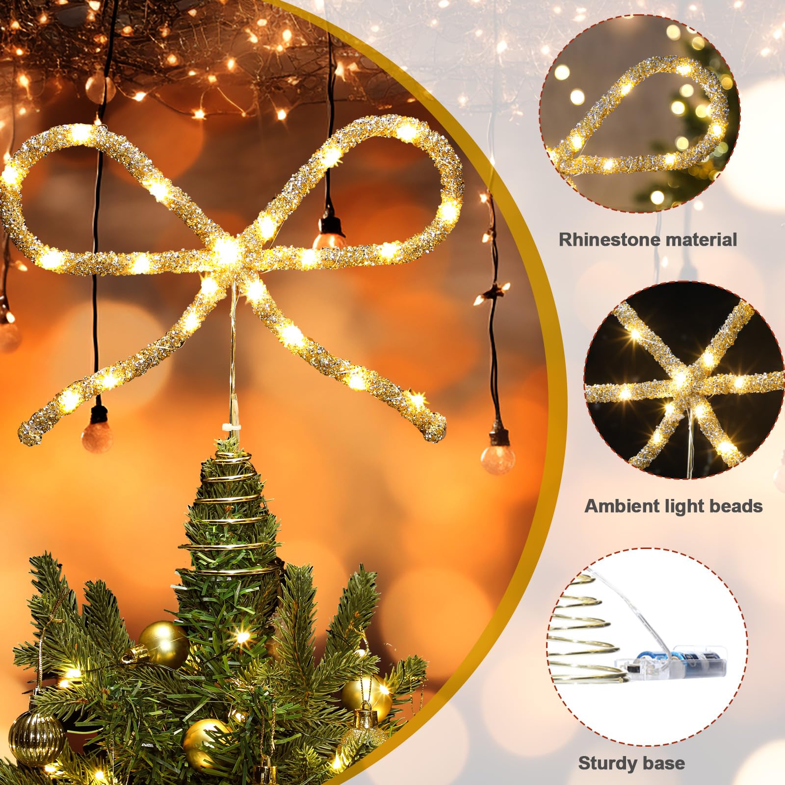 Retisee 9.8 Christmas Bow Tree Topper Gold Rhinestone Bow LED Tree Topper Christmas Decorations Decor for Xmas Holiday Wedding B