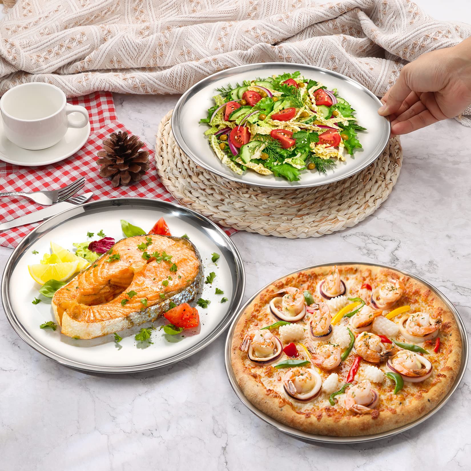 P&P CHEF 10 Inch Stainless Steel Pizza Pan Set of 3, Silver, Dishwasher Safe, Model SSPP-14