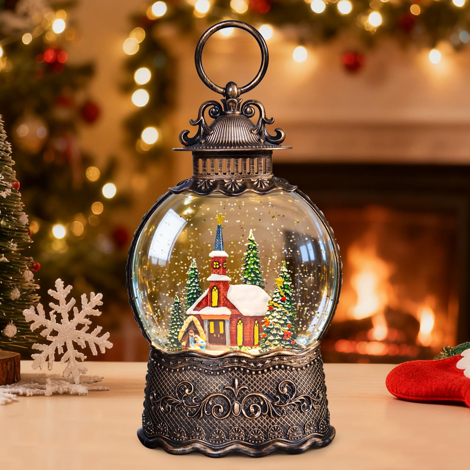 Christmas Snow Globes Lantern, Church and Christmas Tree Christmas Decorations Indoor, 6H Timer Battery & USB Powered Light Up M